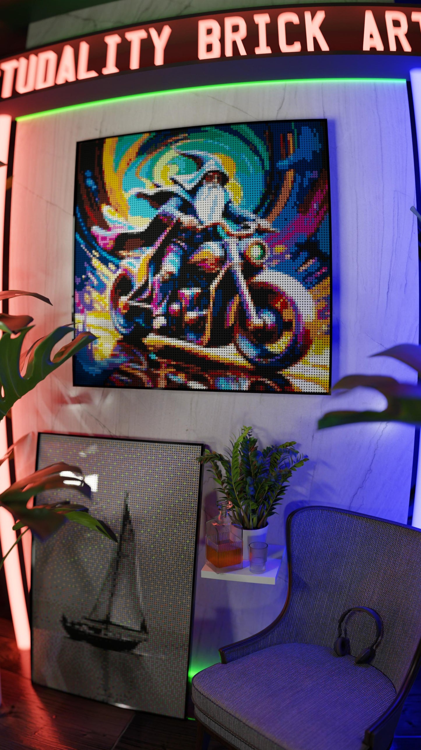 The Rune Roadster LEGO® Style mosaic wall art made from colorful plastic bricks