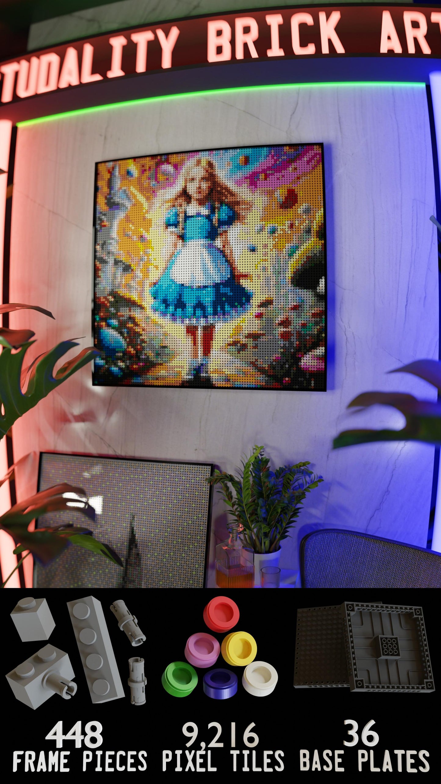 Alice in Wonderland LEGO® Style mosaic wall art made from colorful plastic bricks