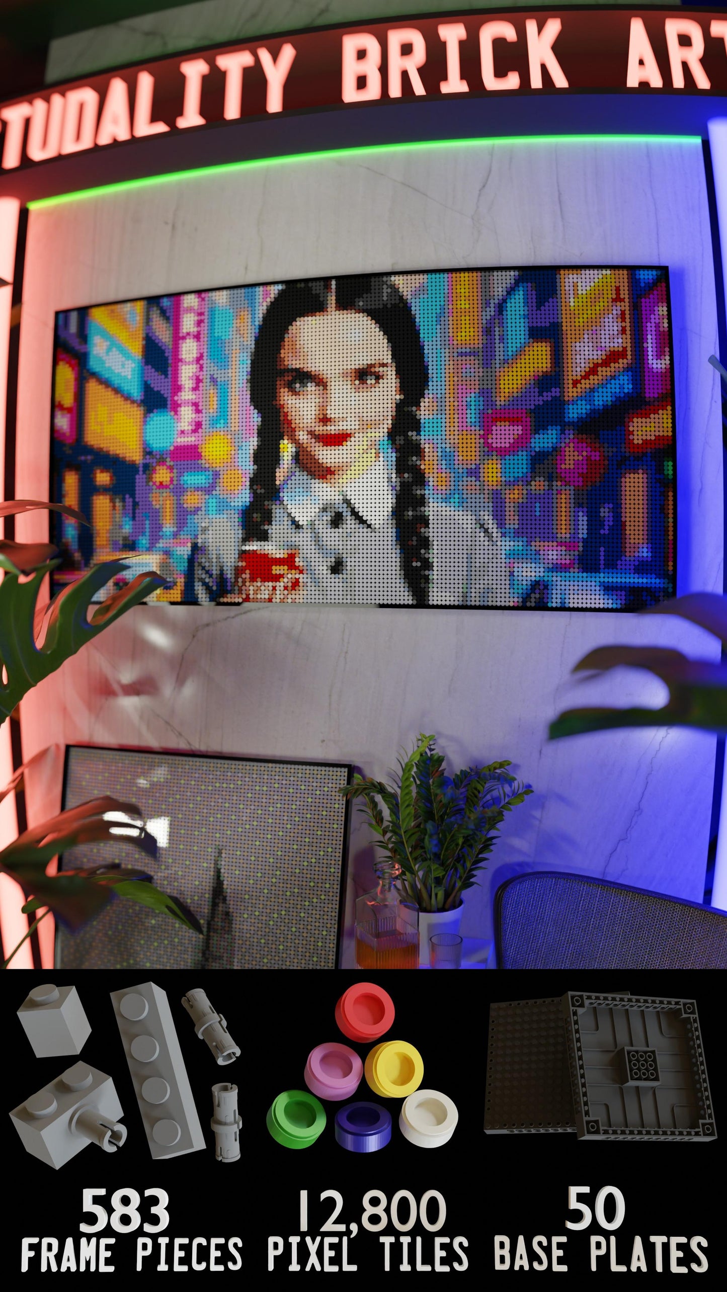Wednesday Addams LEGO® Style mosaic kit with clear building instructions