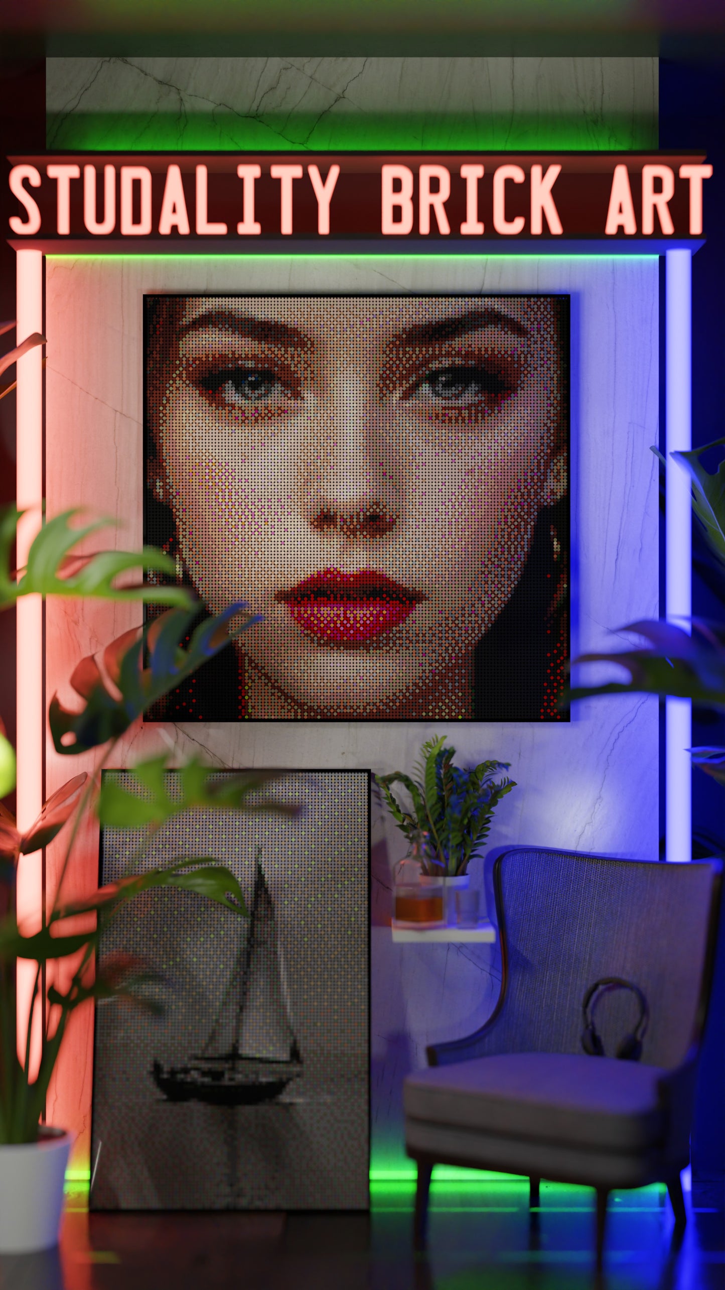 The Alluring Stare LEGO® Style mosaic wall art made from colorful plastic bricks