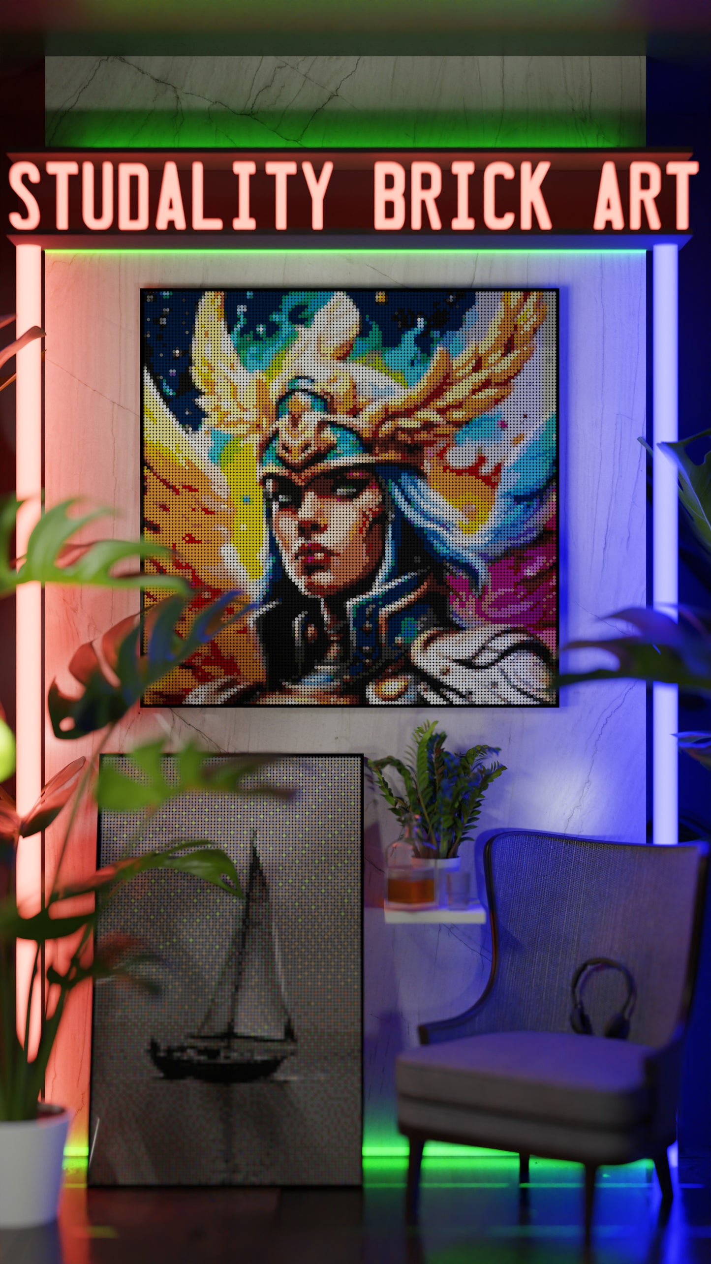 Valkyrie Vibrance LEGO® Style mosaic pixel art design for display