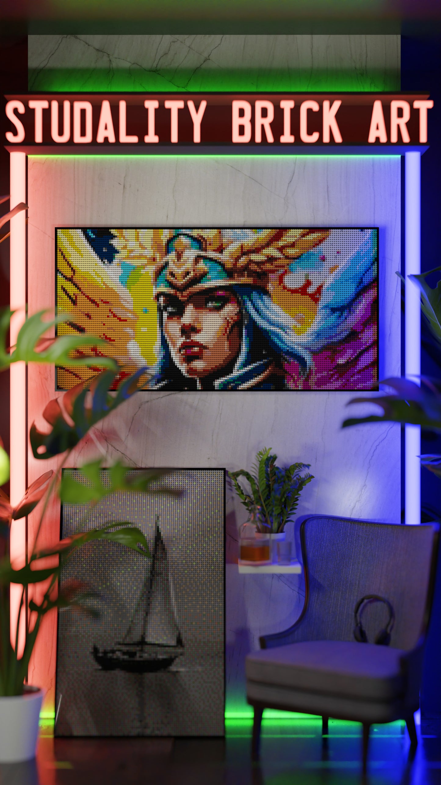 Valkyrie Vibrance LEGO® Style mosaic pixel art design for display
