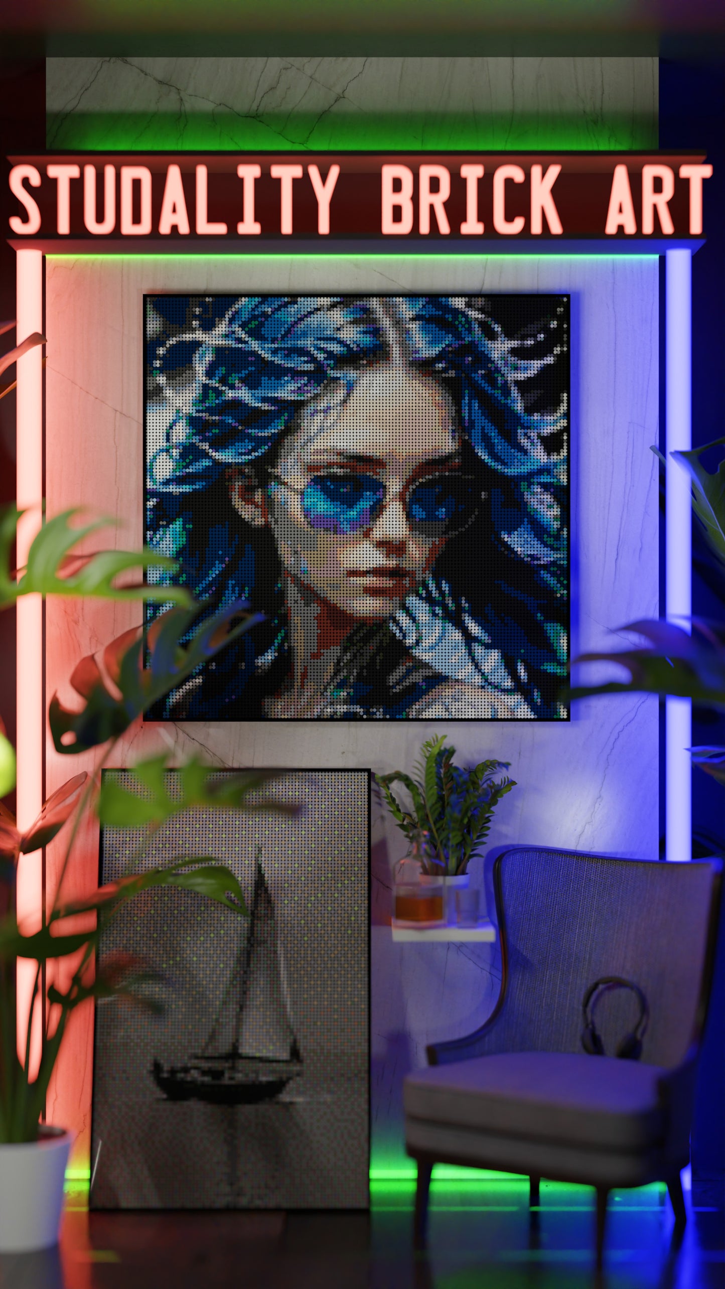 Aqua Enchantress LEGO® Style mosaic wall art made from colorful plastic bricks