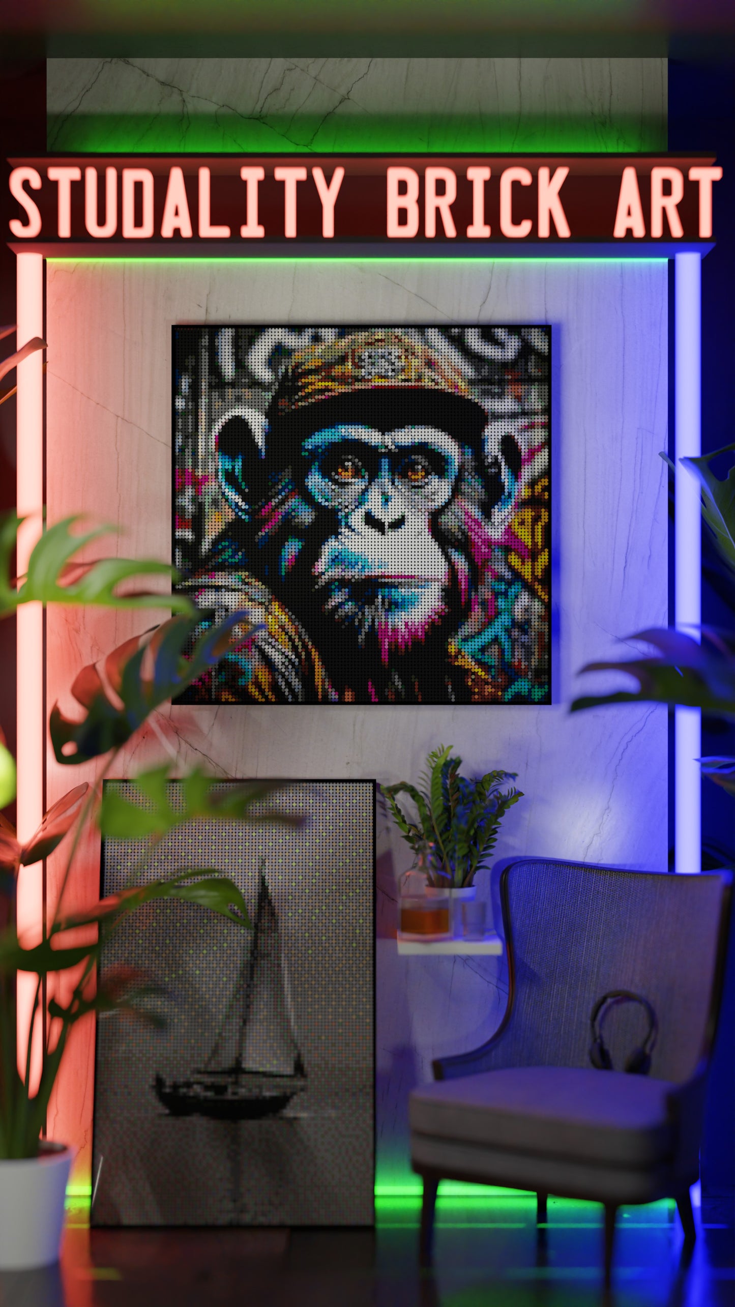 Ape Hop Movement LEGO® Style mosaic wall art made from colorful plastic bricks