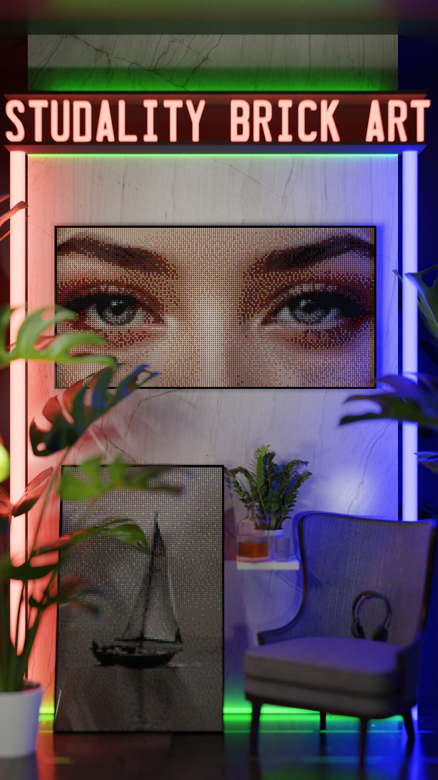 The Alluring Stare LEGO® Style mosaic wall art made from colorful plastic bricks