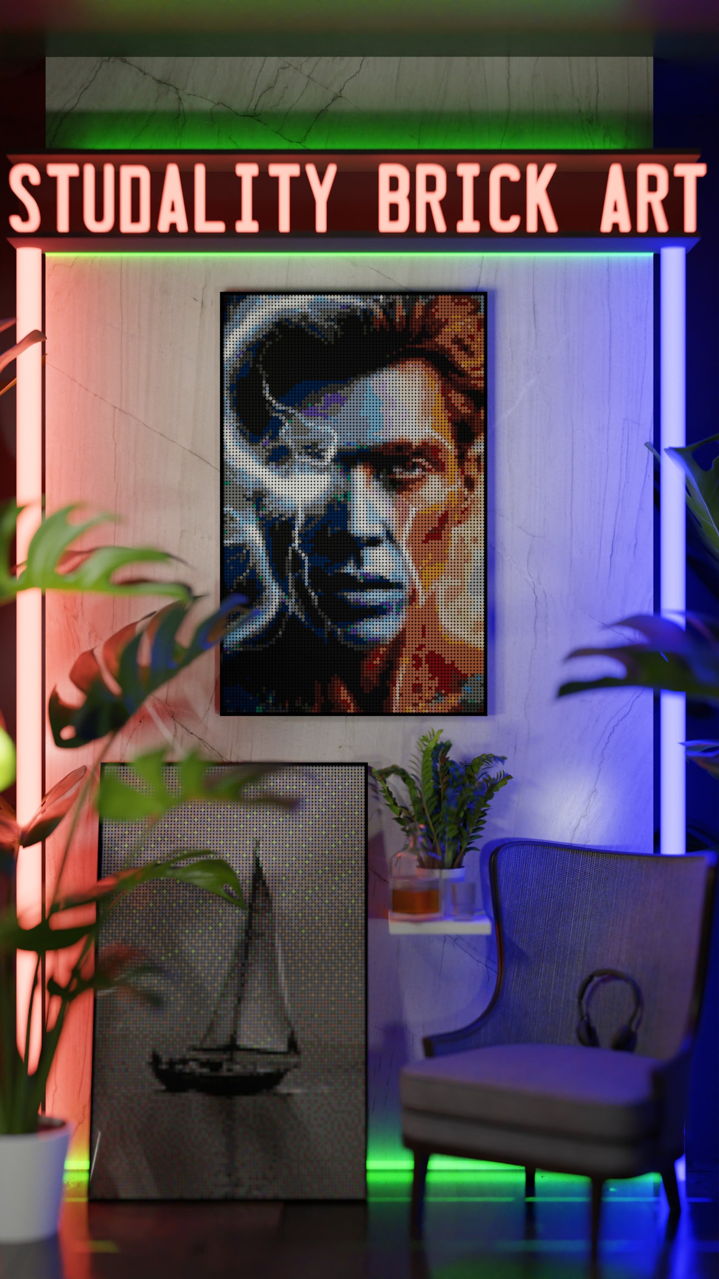 Johnny Omegabyte LEGO® Style mosaic wall art made from colorful plastic bricks