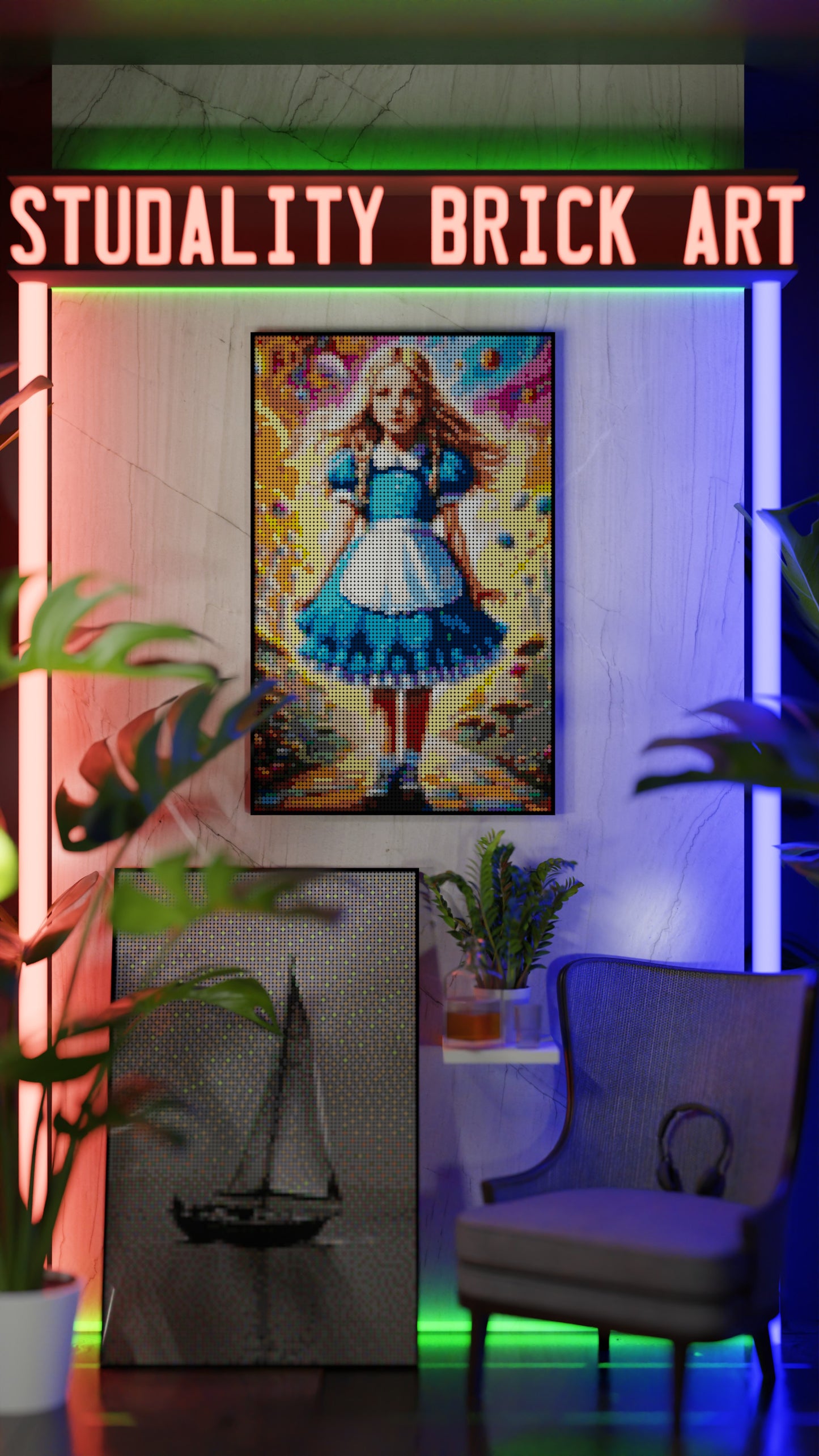 Alice in Wonderland LEGO® Style mosaic wall art made from colorful plastic bricks