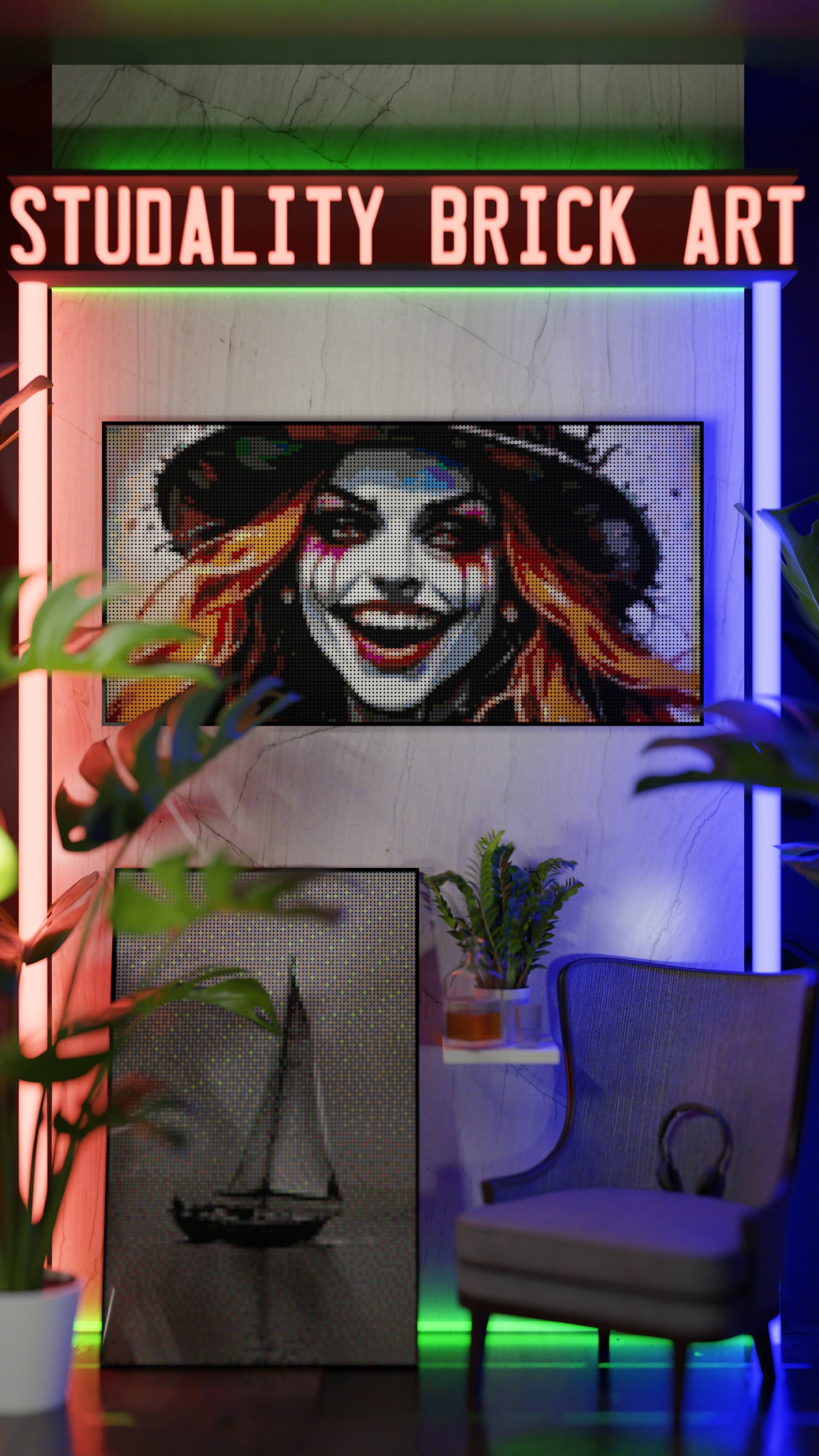 The Mad Hattress LEGO® Style mosaic wall art made from colorful plastic bricks