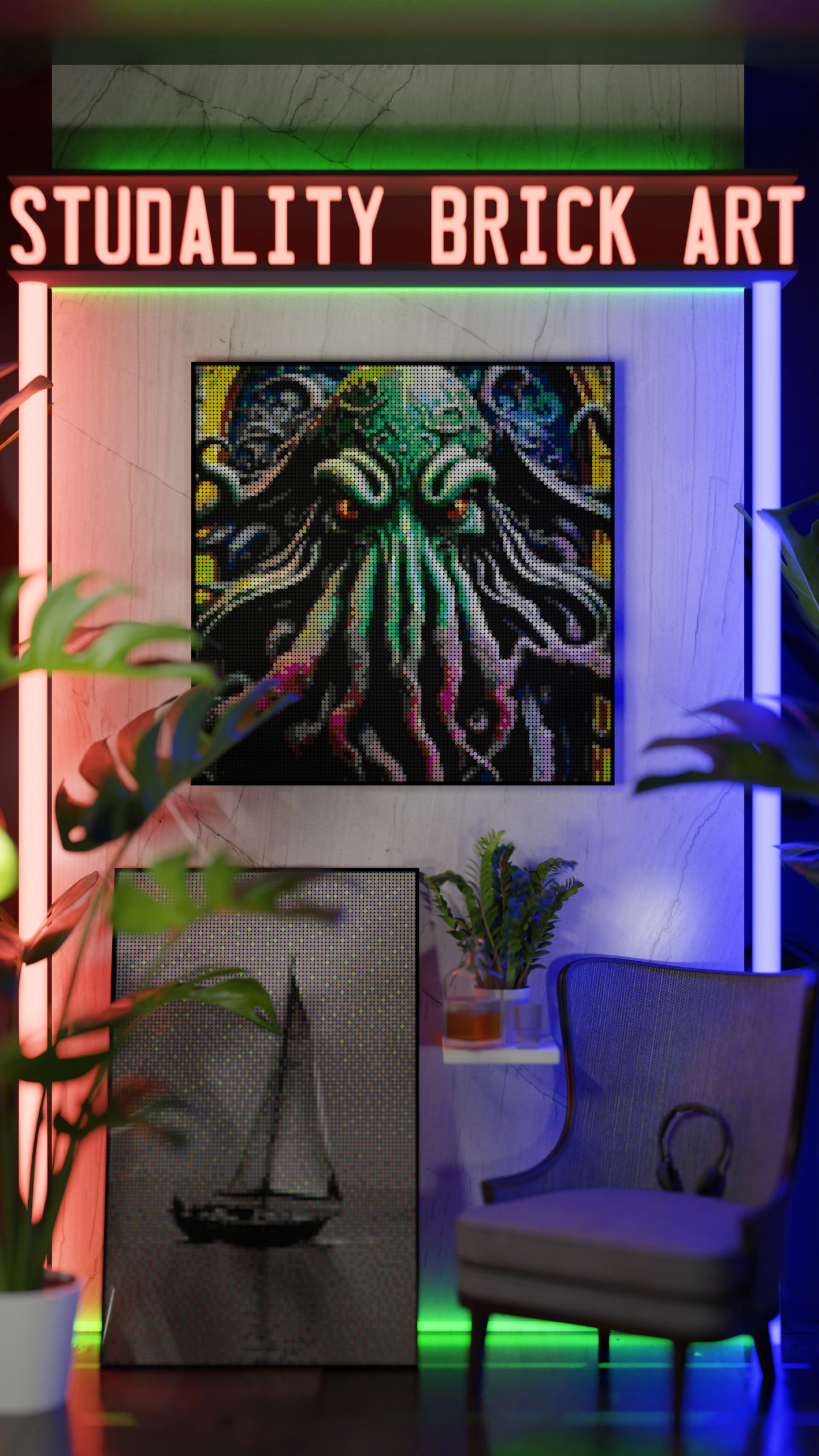 Arrival of Cthulhu LEGO® Style mosaic wall art made from colorful plastic bricks