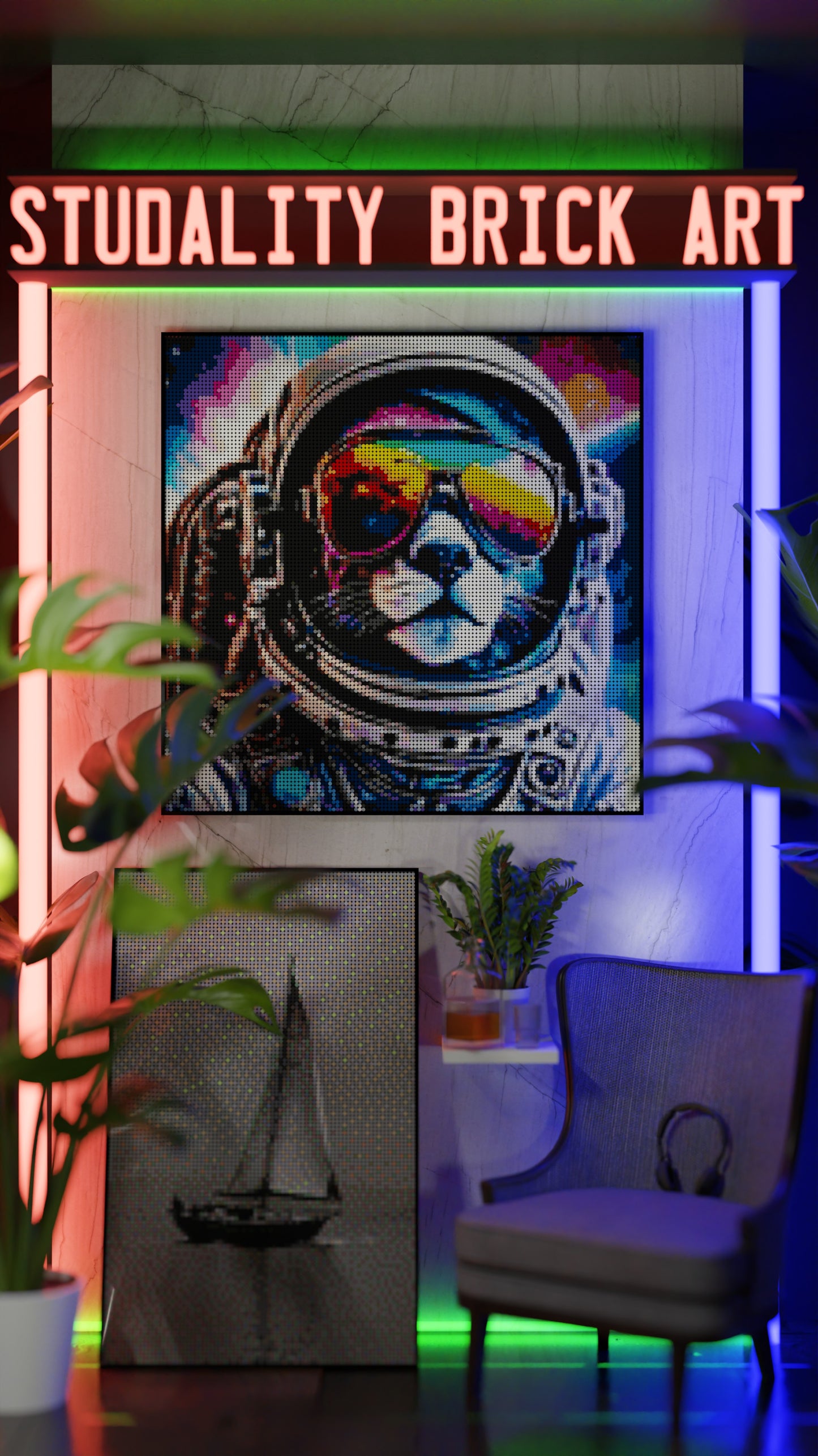 Purrsuit of Space LEGO® Style mosaic pixel art design for display