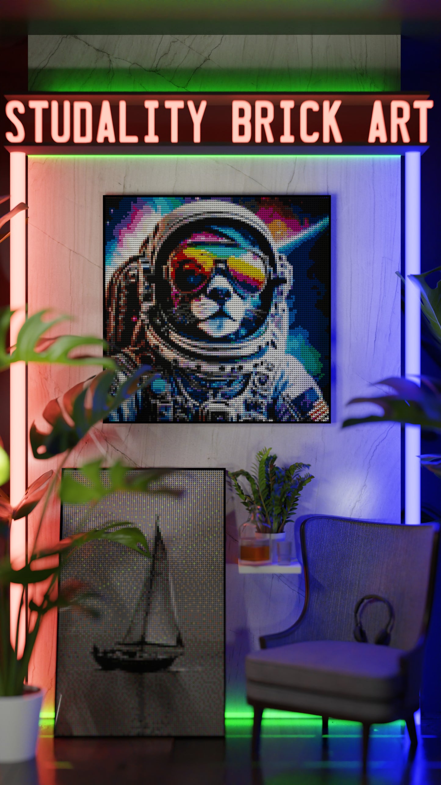 Purrsuit of Space LEGO® Style mosaic pixel art design for display