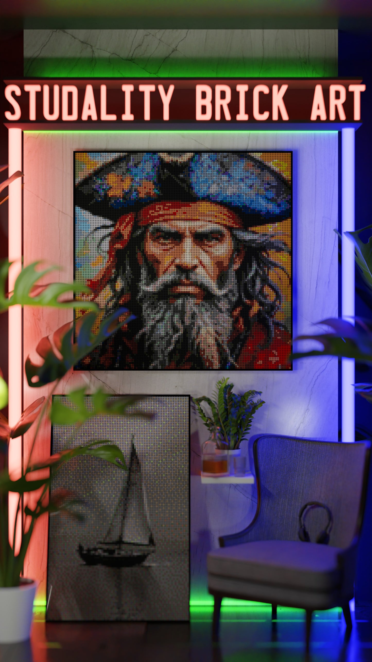 Weathered Mariner LEGO® Style mosaic wall art made from colorful plastic bricks