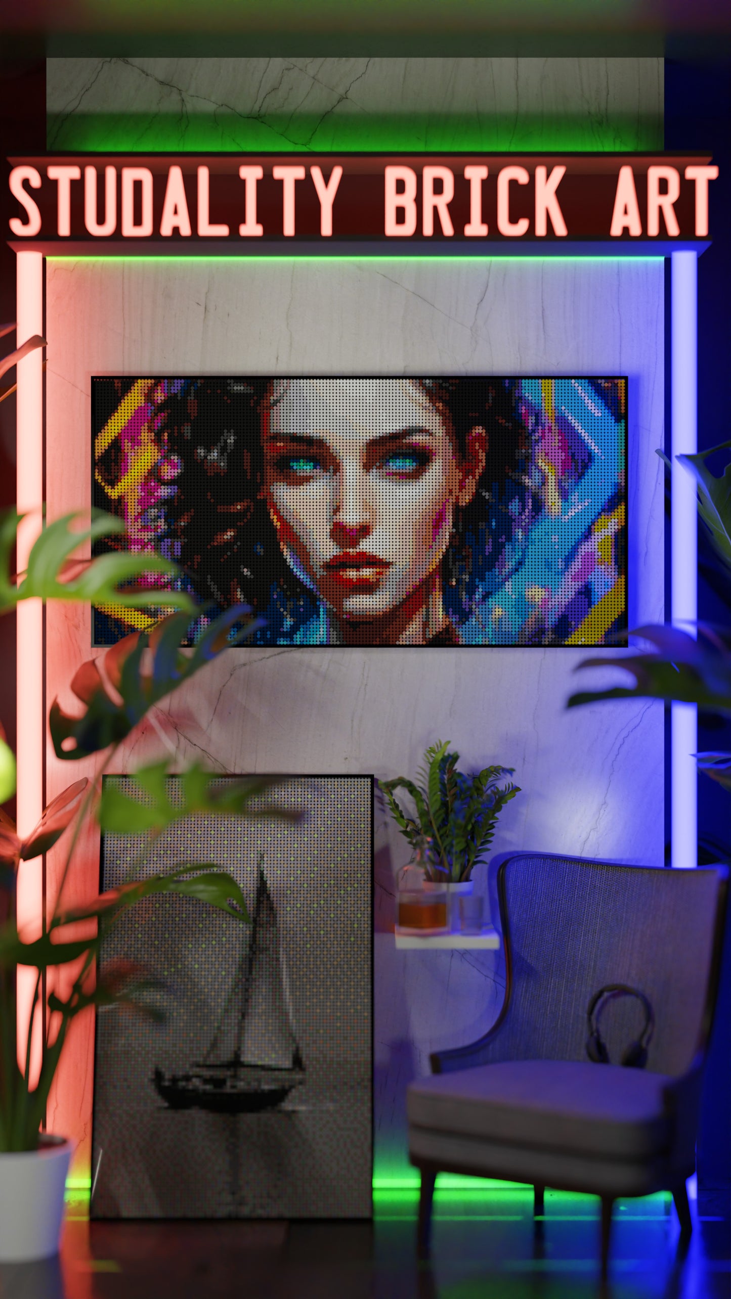 Temporal Ravette LEGO® Style mosaic wall art made from colorful plastic bricks