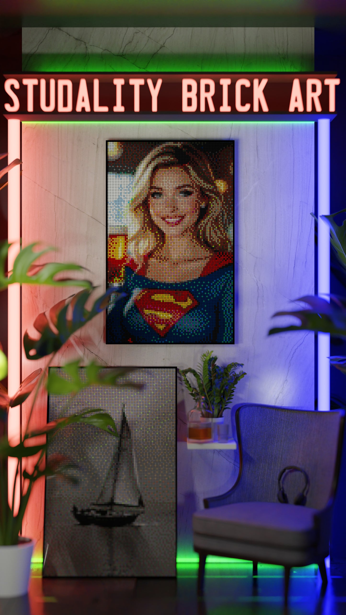 Supergirl DC LEGO® Style mosaic wall art made from colorful plastic bricks