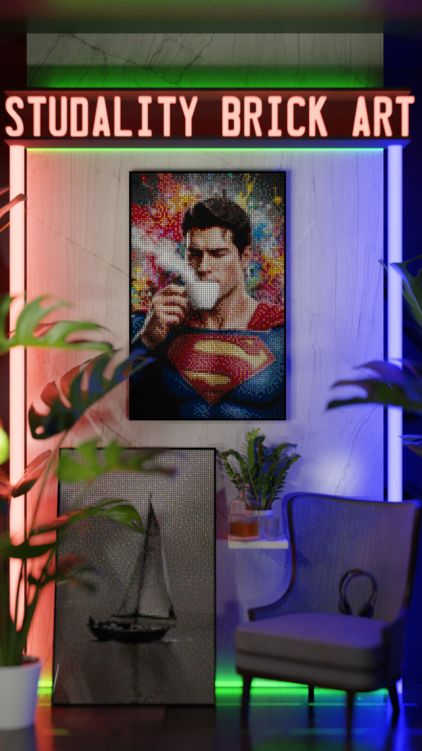 Superman LEGO® Style mosaic wall art made from colorful plastic bricks