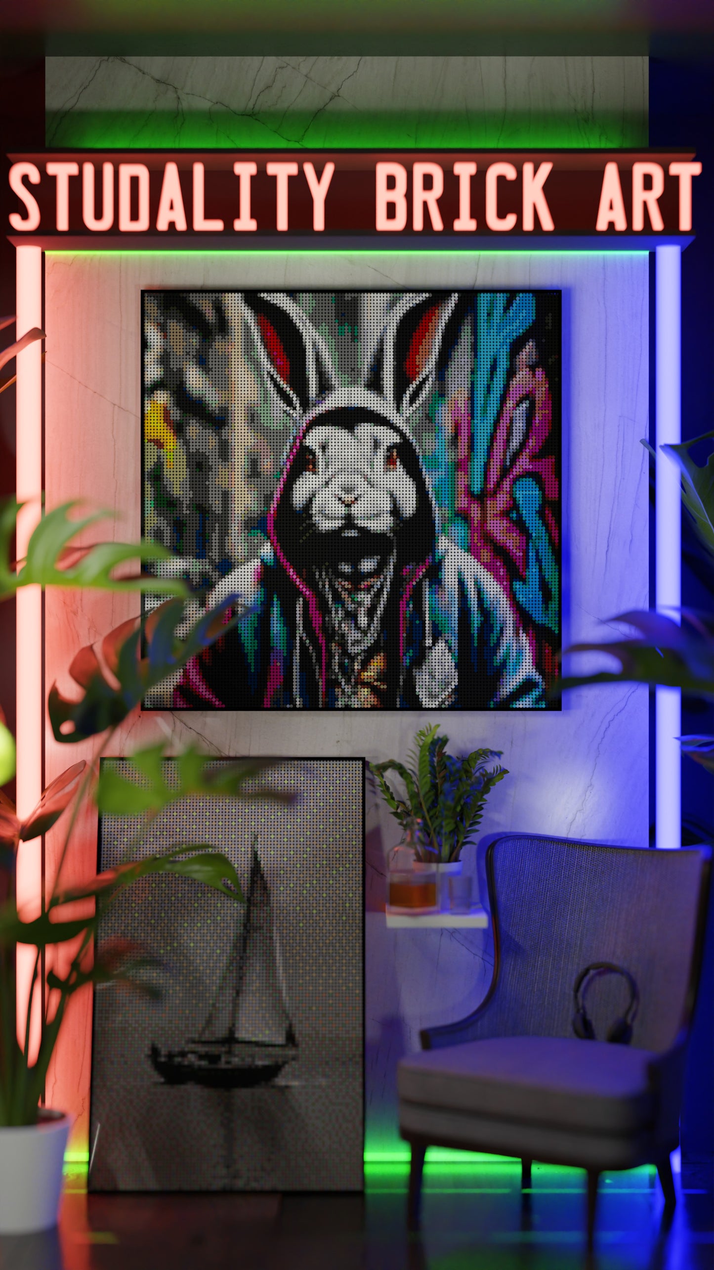 Thugsy Malone LEGO® Style mosaic wall art made from colorful plastic bricks
