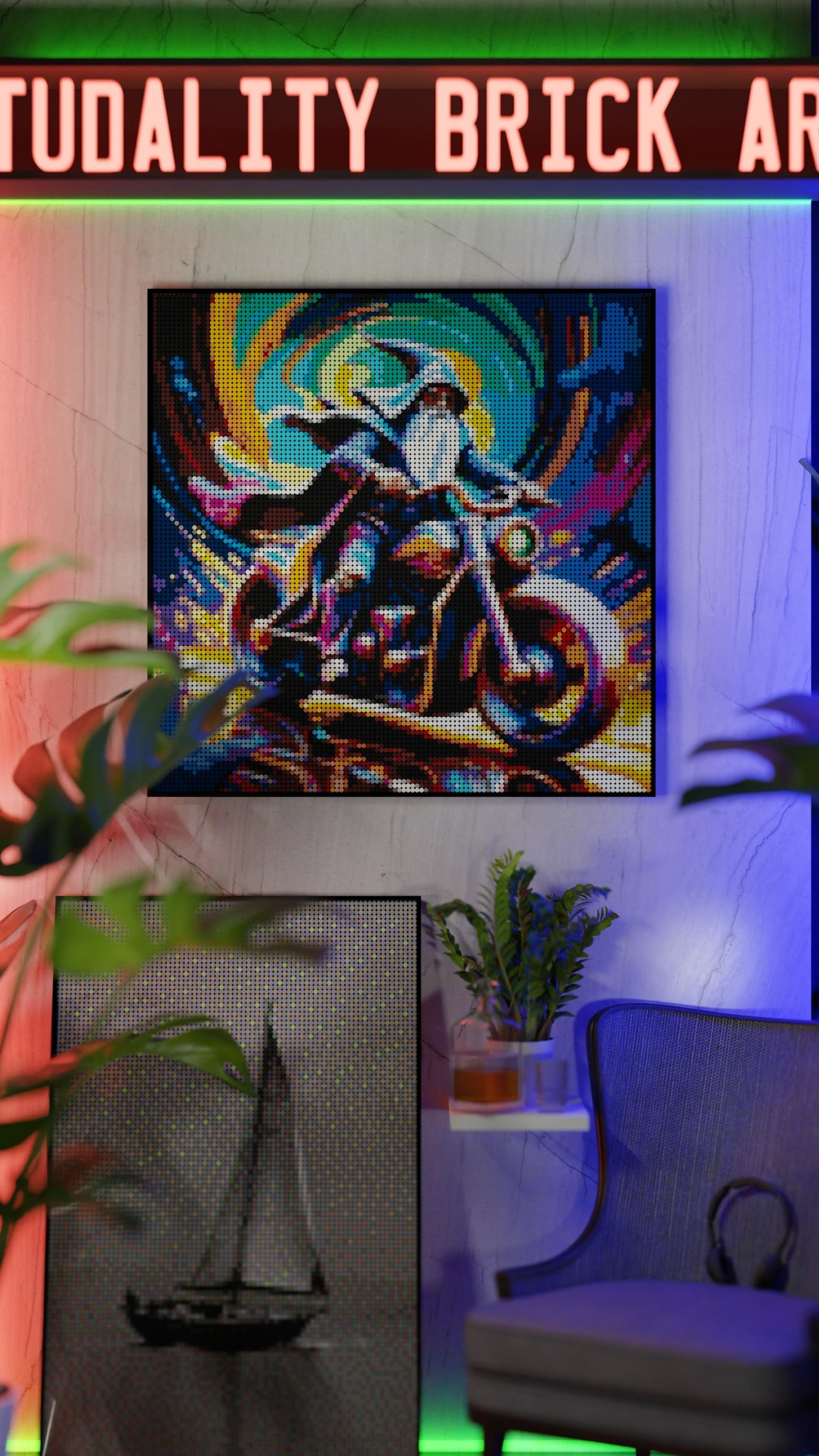 The Rune Roadster LEGO® Style mosaic wall art made from colorful plastic bricks