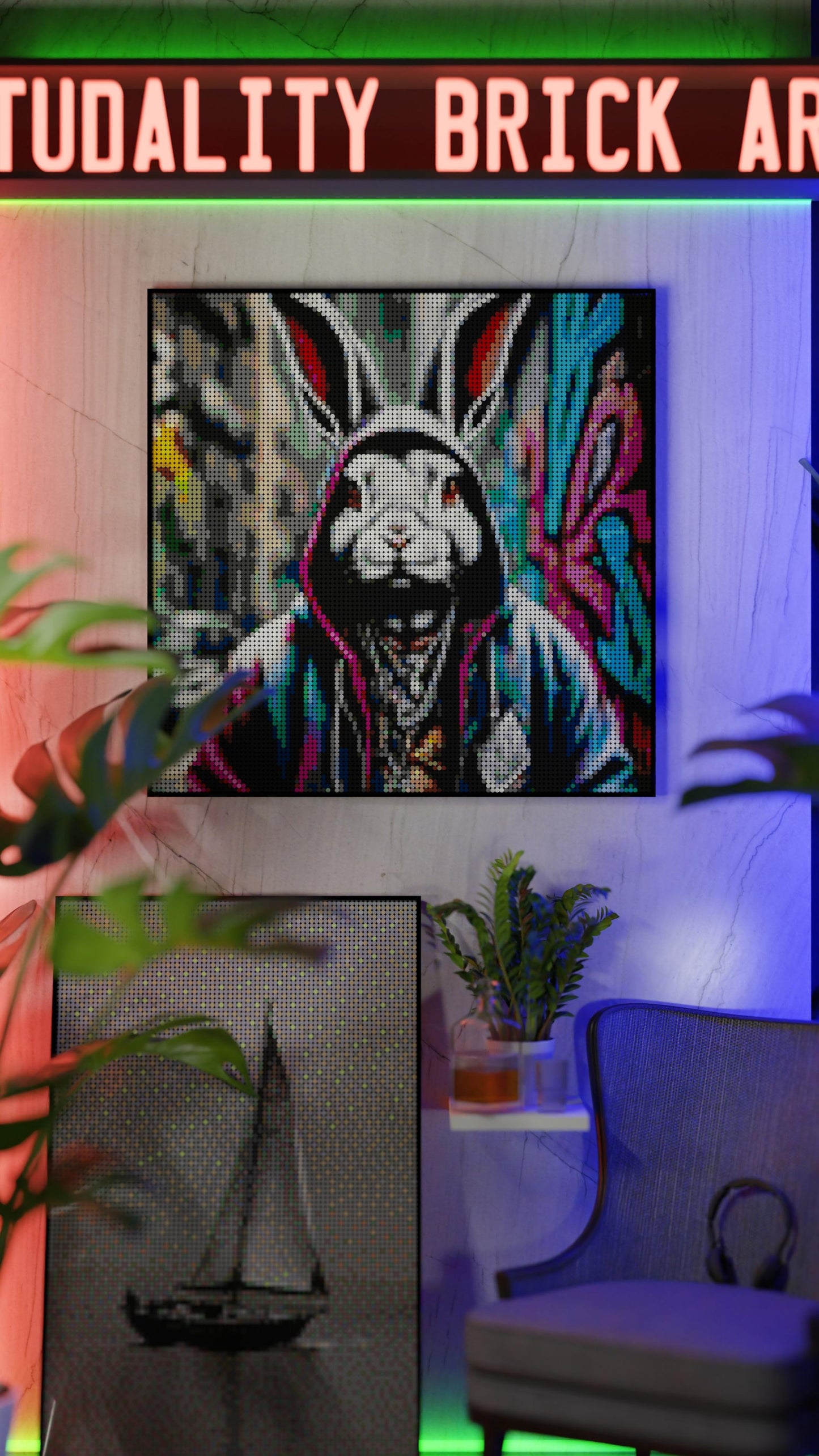 Thugsy Malone LEGO® Style mosaic wall art made from colorful plastic bricks