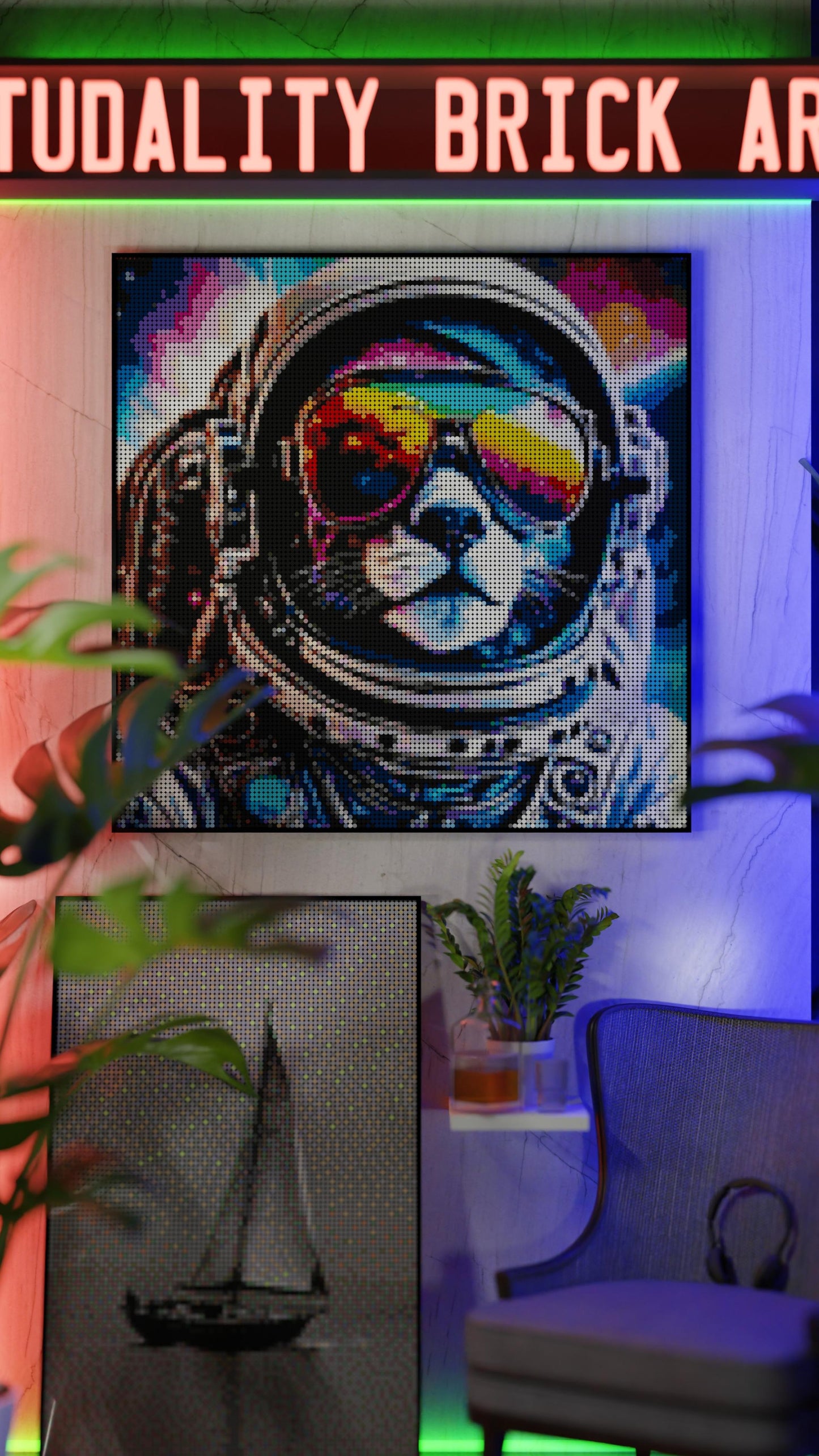 Purrsuit of Space LEGO® Style mosaic pixel art design for display