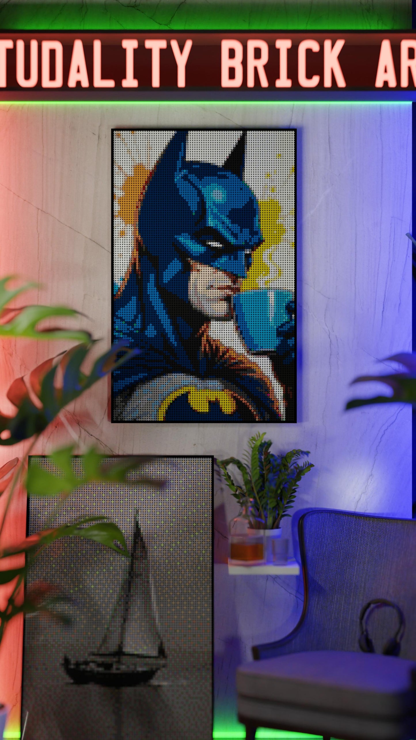 Batman LEGO® Style mosaic wall art made from colorful plastic bricks
