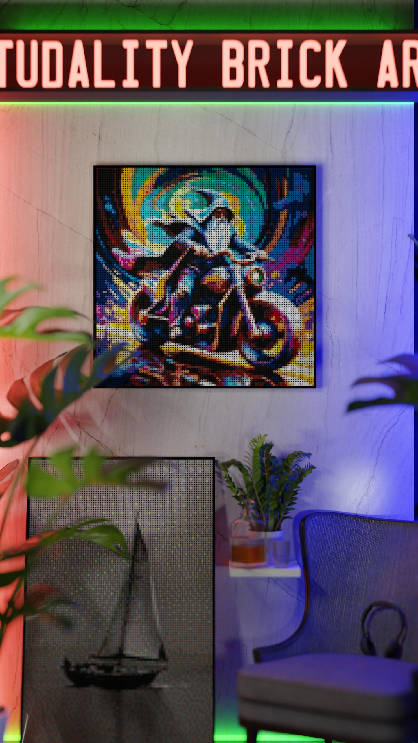 The Rune Roadster LEGO® Style mosaic wall art made from colorful plastic bricks