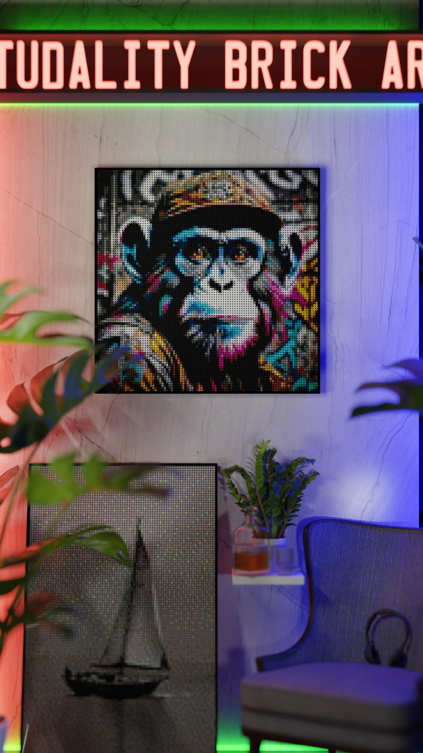 Ape Hop Movement LEGO® Style mosaic wall art made from colorful plastic bricks