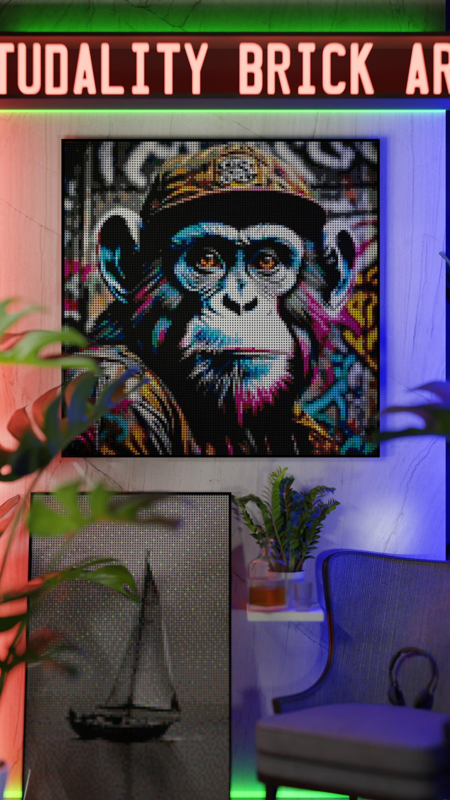 Ape Hop Movement LEGO® Style mosaic wall art made from colorful plastic bricks