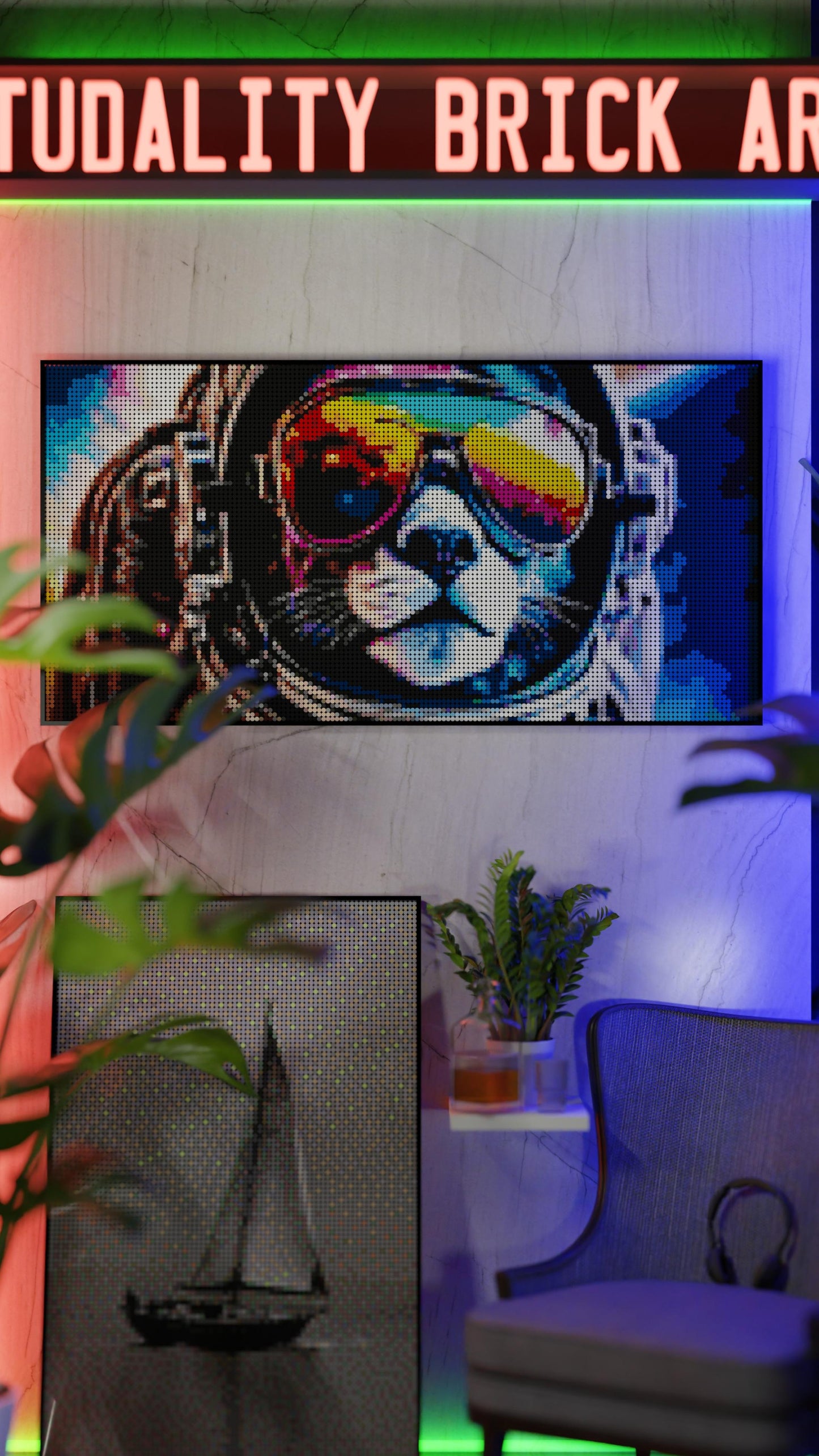 Purrsuit of Space LEGO® Style mosaic wall art made from colorful plastic bricks