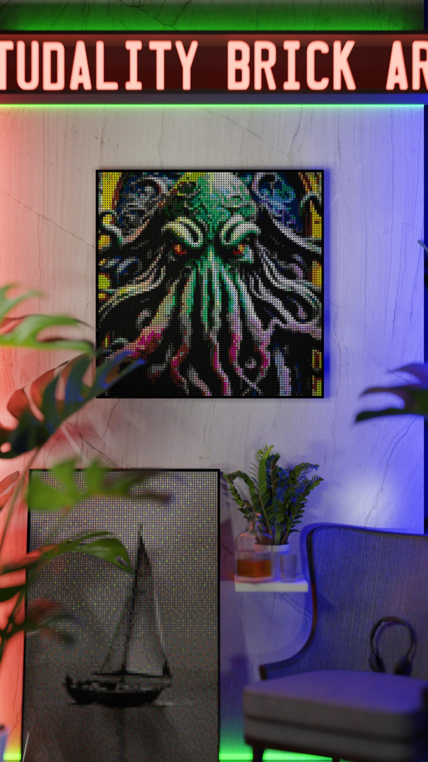 Arrival of Cthulhu LEGO® Style mosaic wall art made from colorful plastic bricks