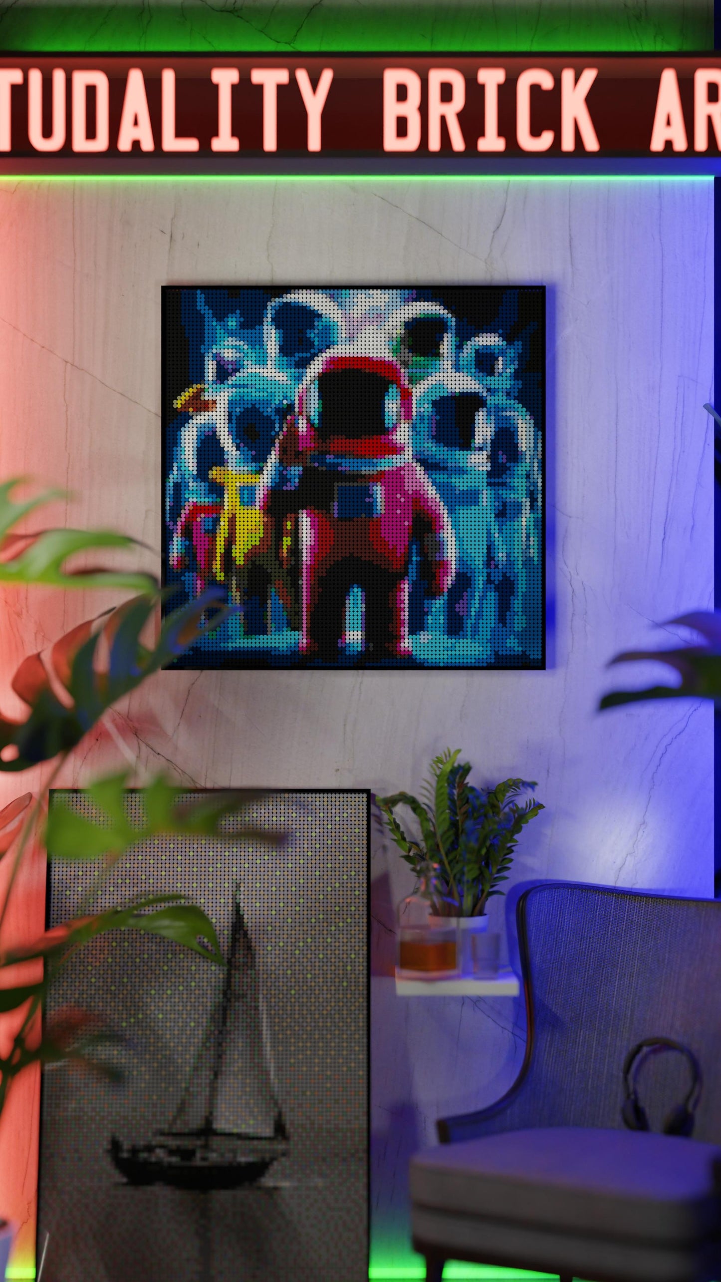 Amongst Friends LEGO® Style mosaic wall art made from colorful plastic bricks
