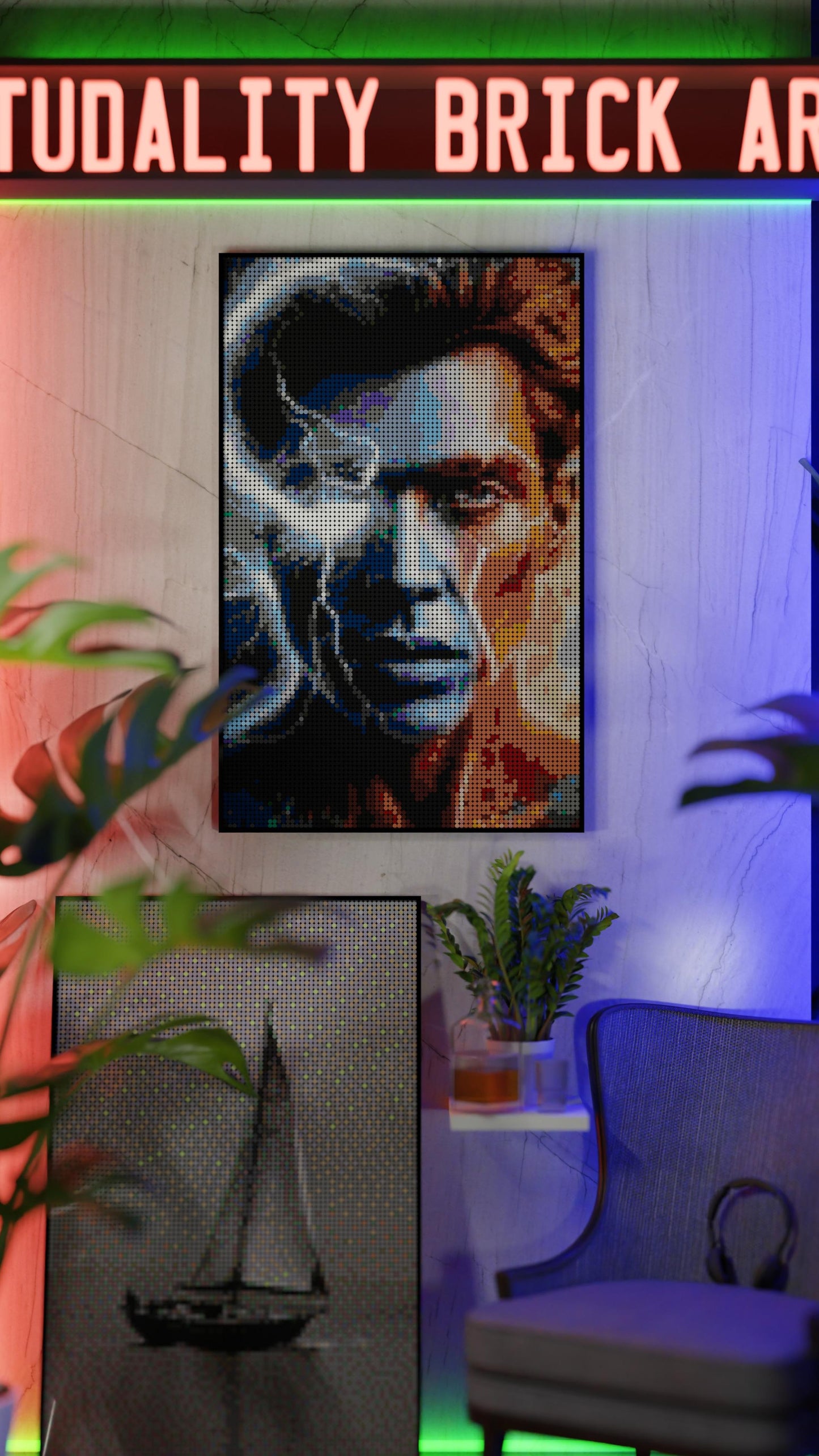 Johnny Omegabyte LEGO® Style mosaic wall art made from colorful plastic bricks
