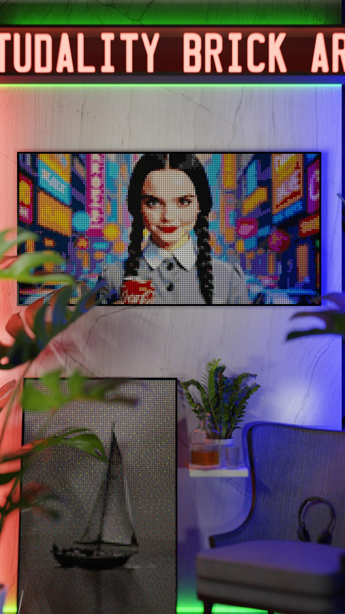 Wednesday Addams LEGO® Style mosaic wall art made from colorful plastic bricks