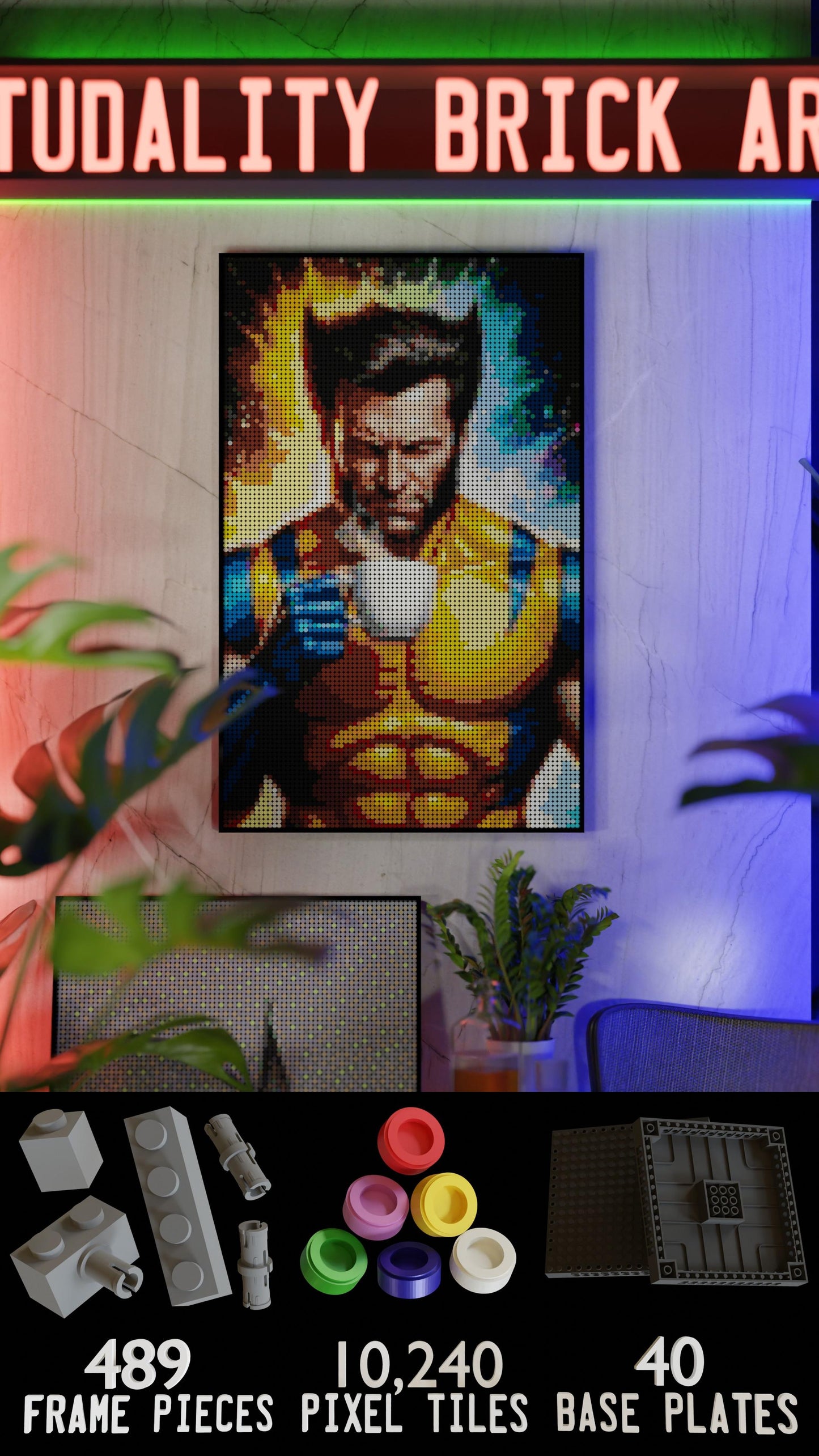Wolverine LEGO® Style mosaic wall art made from colorful plastic bricks