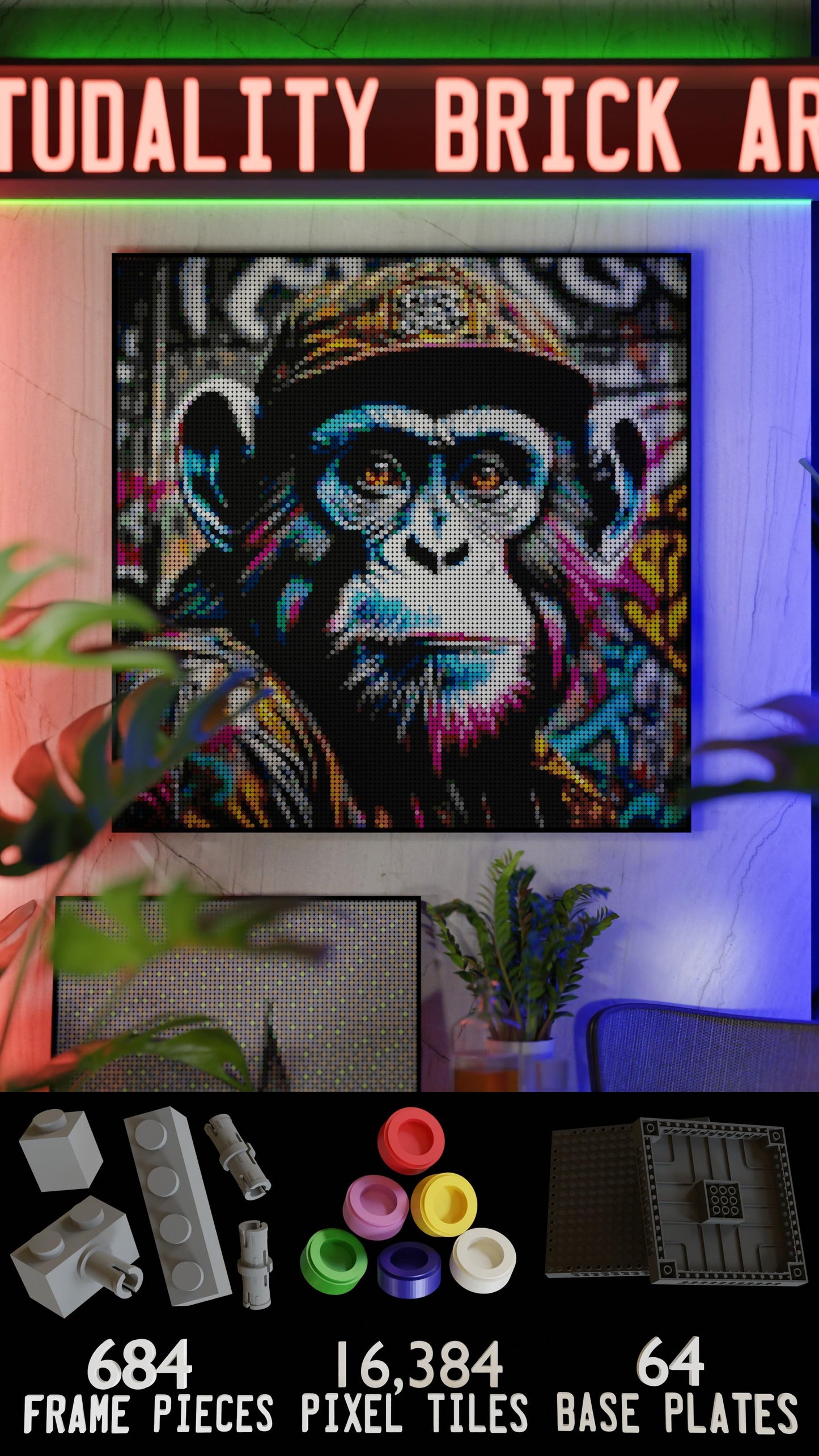 Ape Hop Movement LEGO® Style mosaic wall art made from colorful plastic bricks