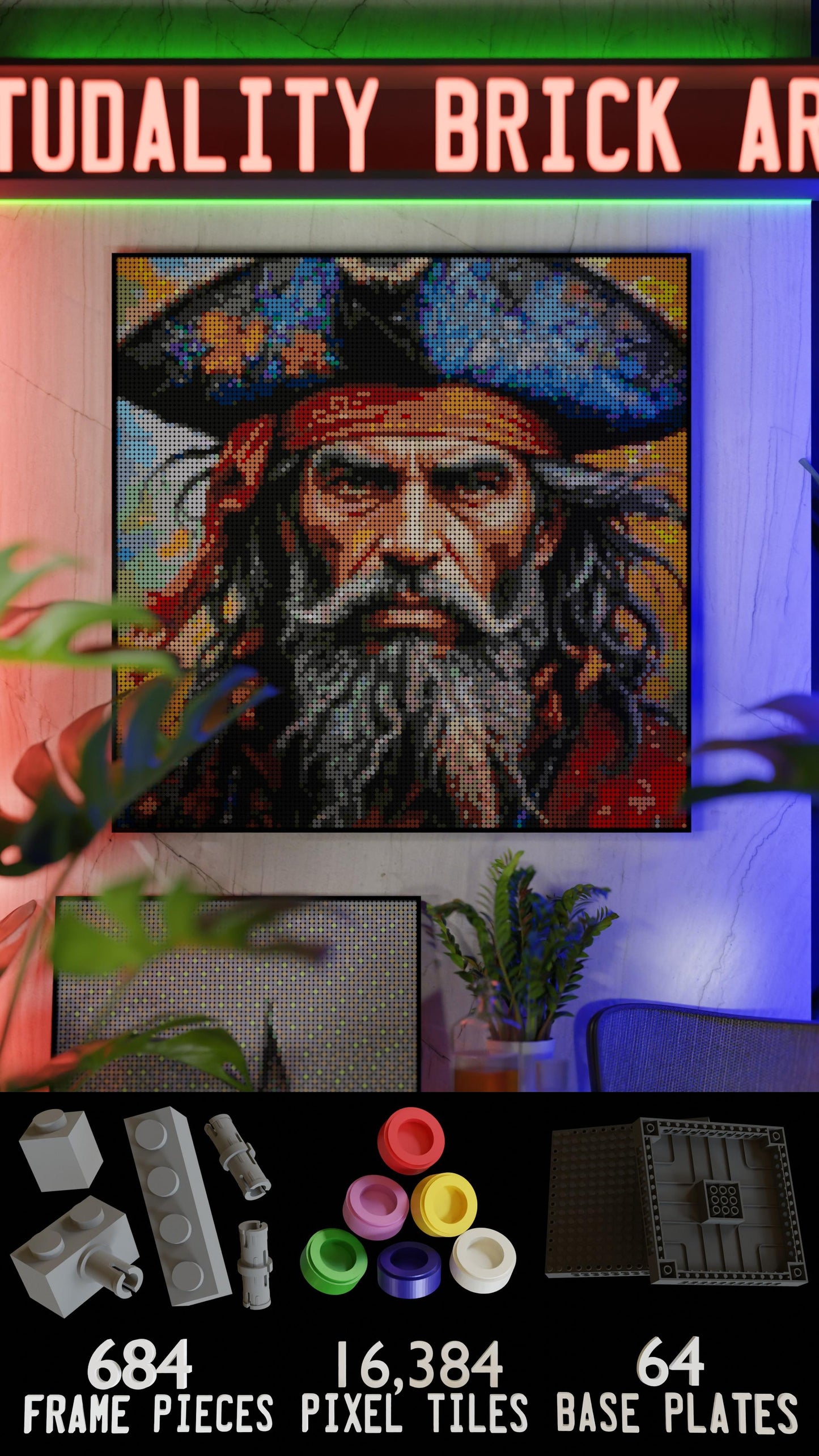 Weathered Mariner LEGO® Style mosaic wall art made from colorful plastic bricks