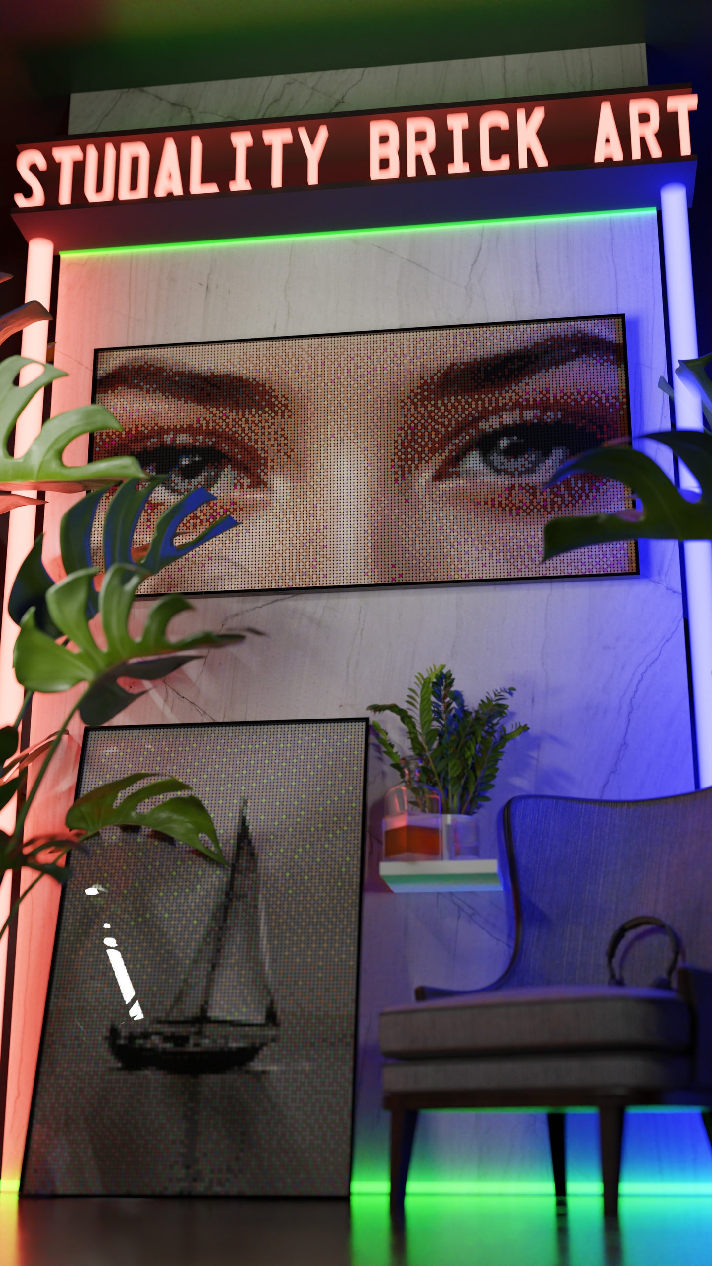 The Alluring Stare LEGO® Style mosaic wall art made from colorful plastic bricks