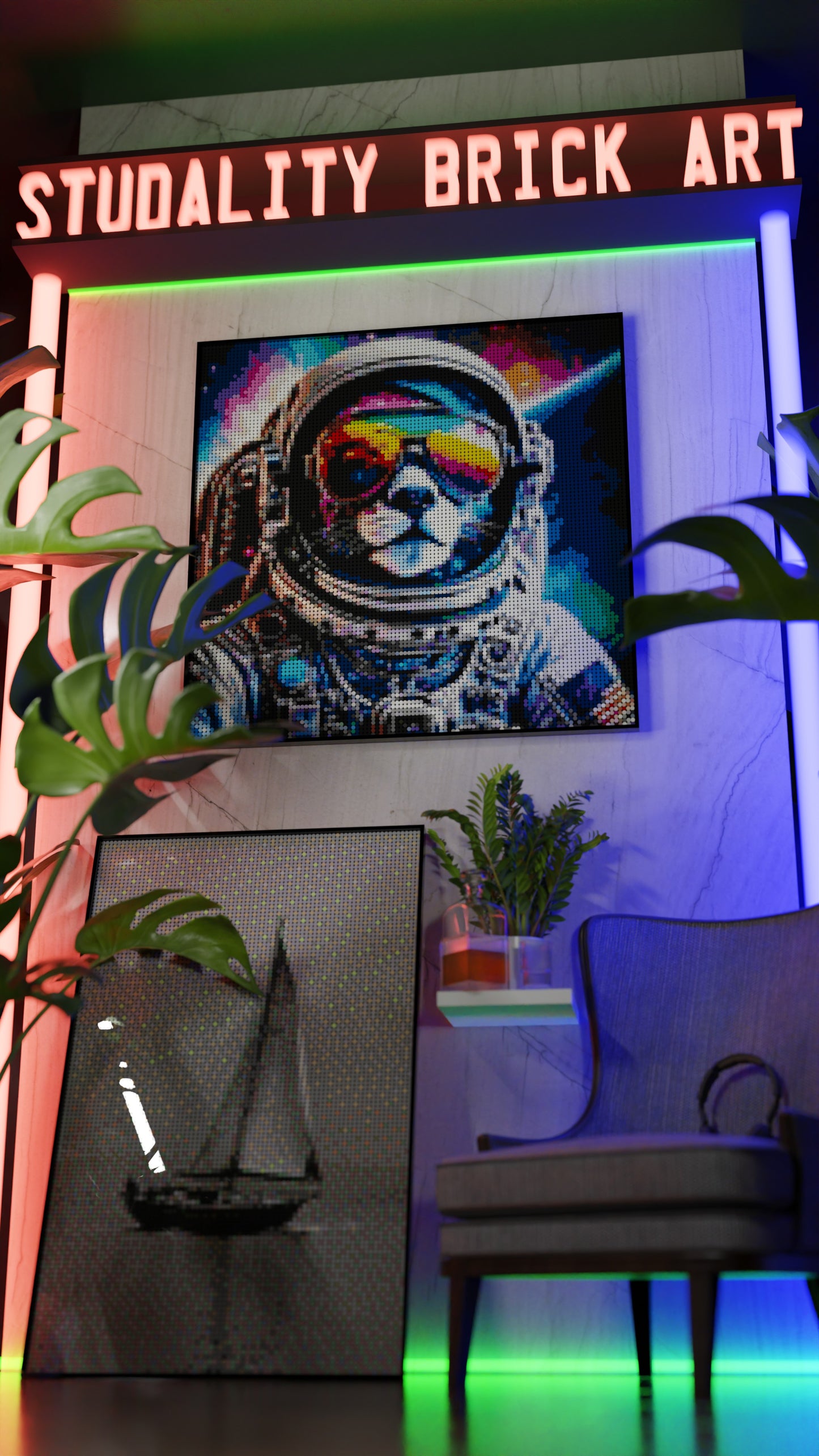 Purrsuit of Space LEGO® Style mosaic pixel art design for display