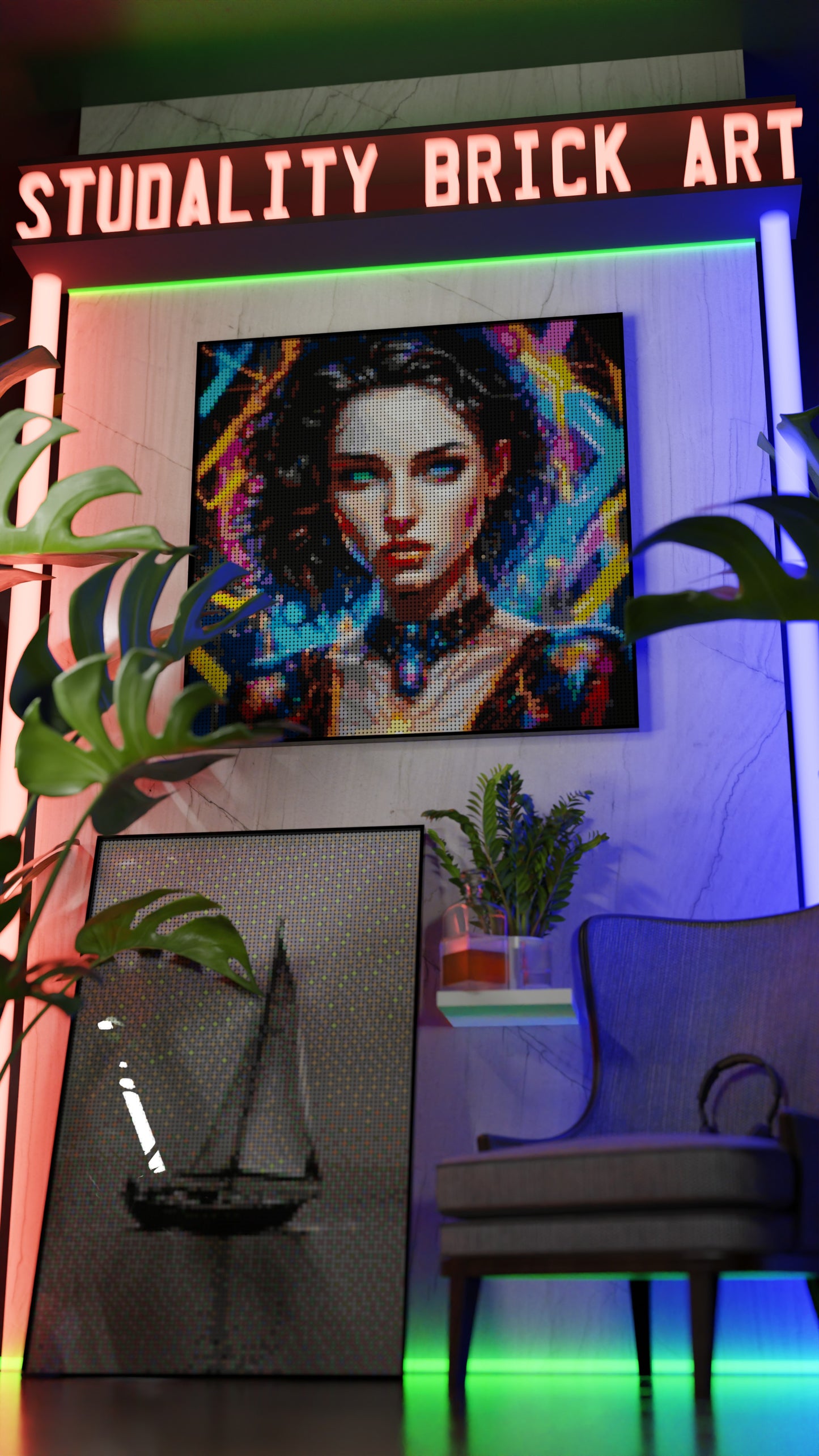 Temporal Ravette LEGO® Style mosaic wall art made from colorful plastic bricks