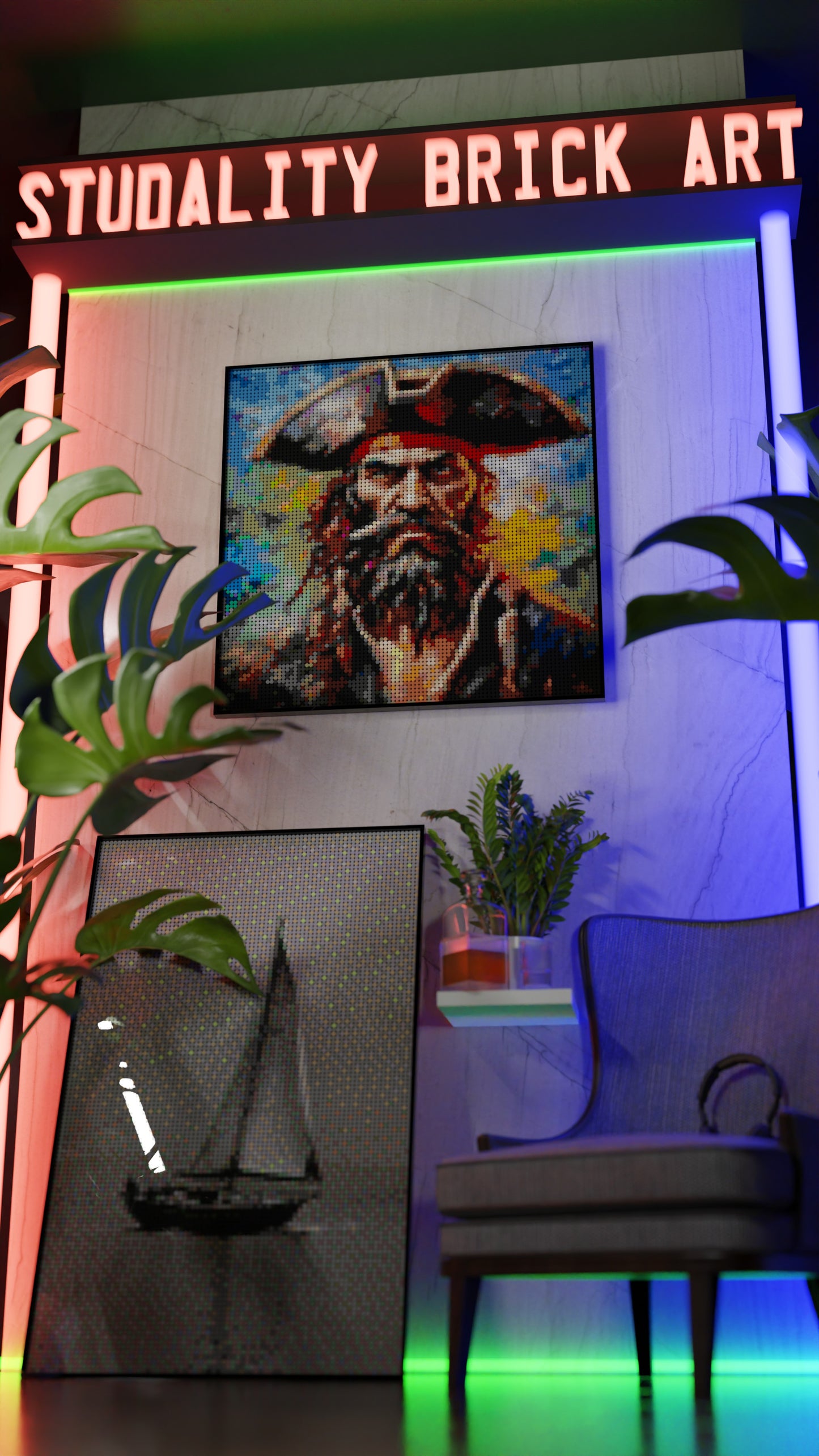 Captain Dreadheart LEGO® Style mosaic wall art made from colorful plastic bricks