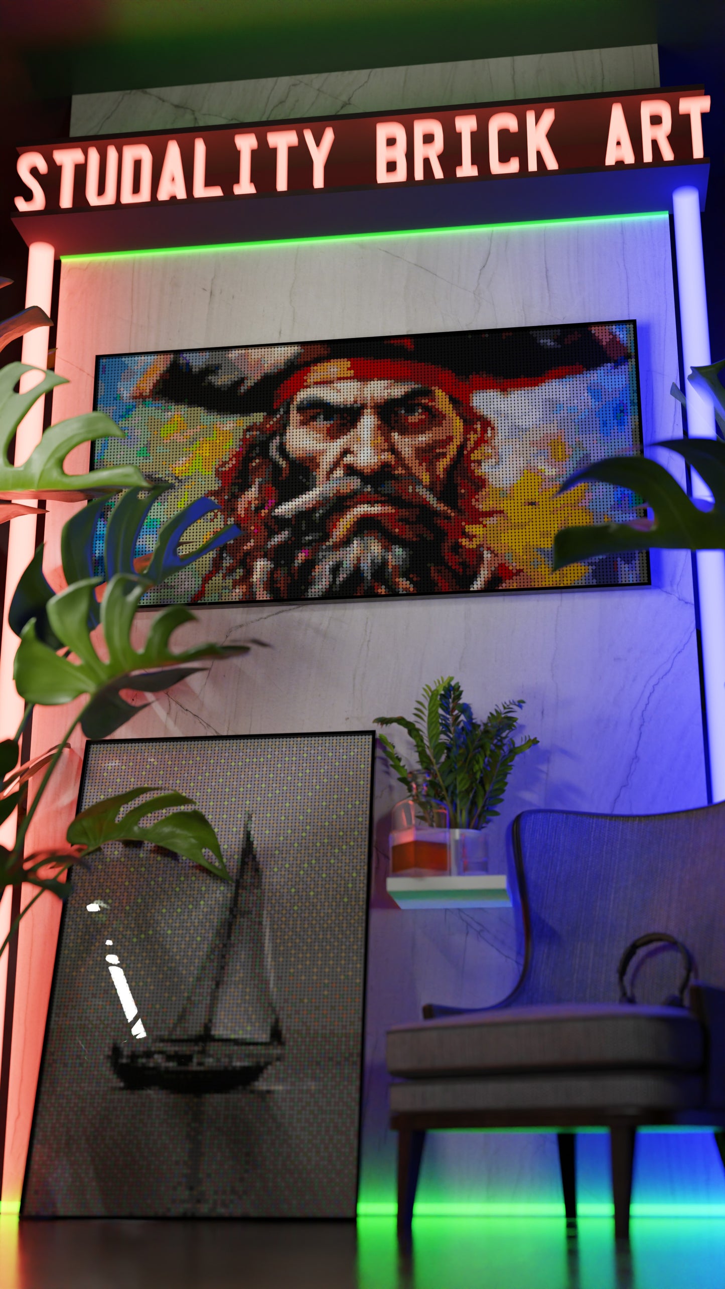 Captain Dreadheart LEGO® Style mosaic wall art made from colorful plastic bricks