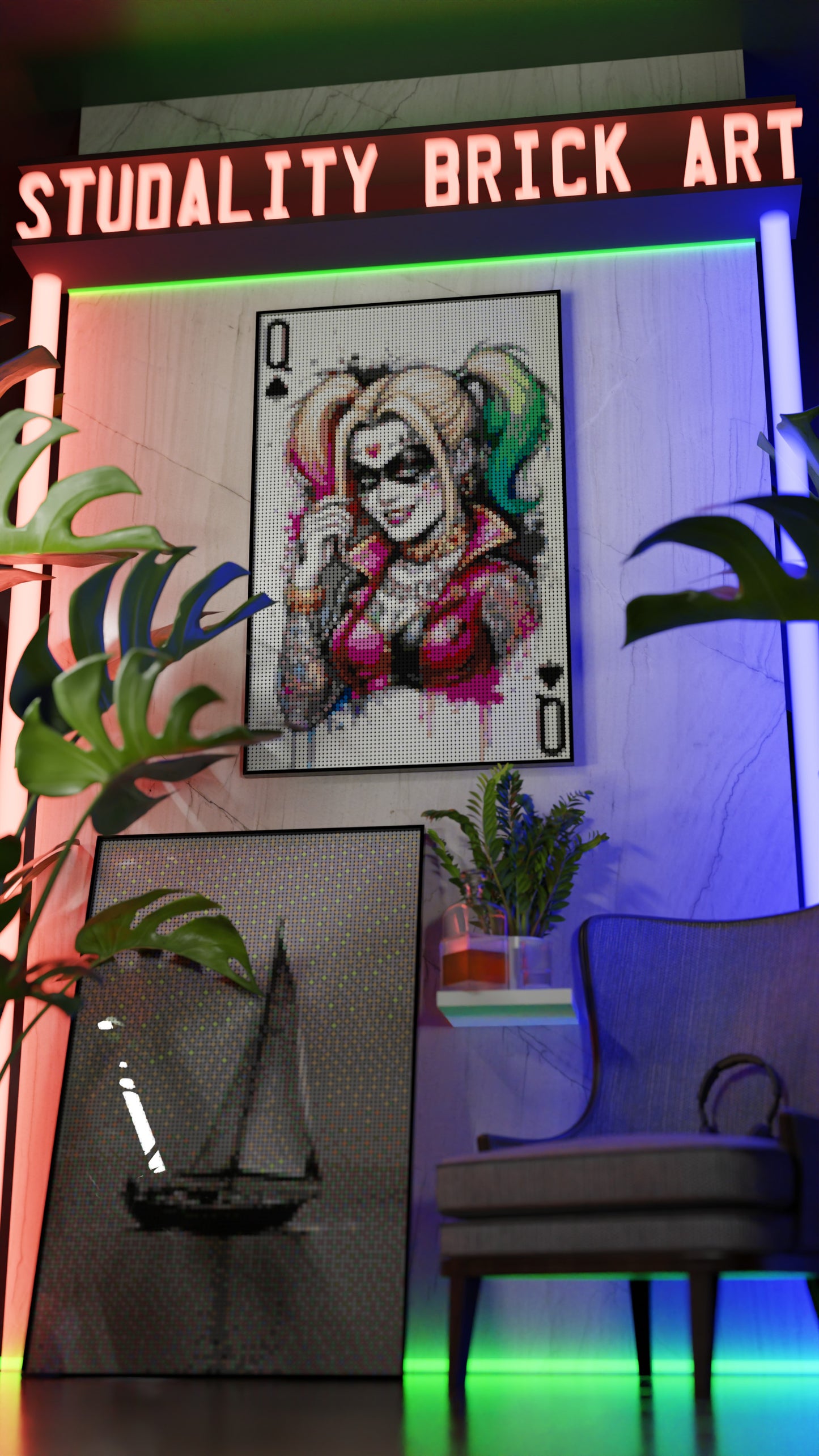 Harley Quinn DC Joker LEGO® Style mosaic wall art made from colorful plastic bricks