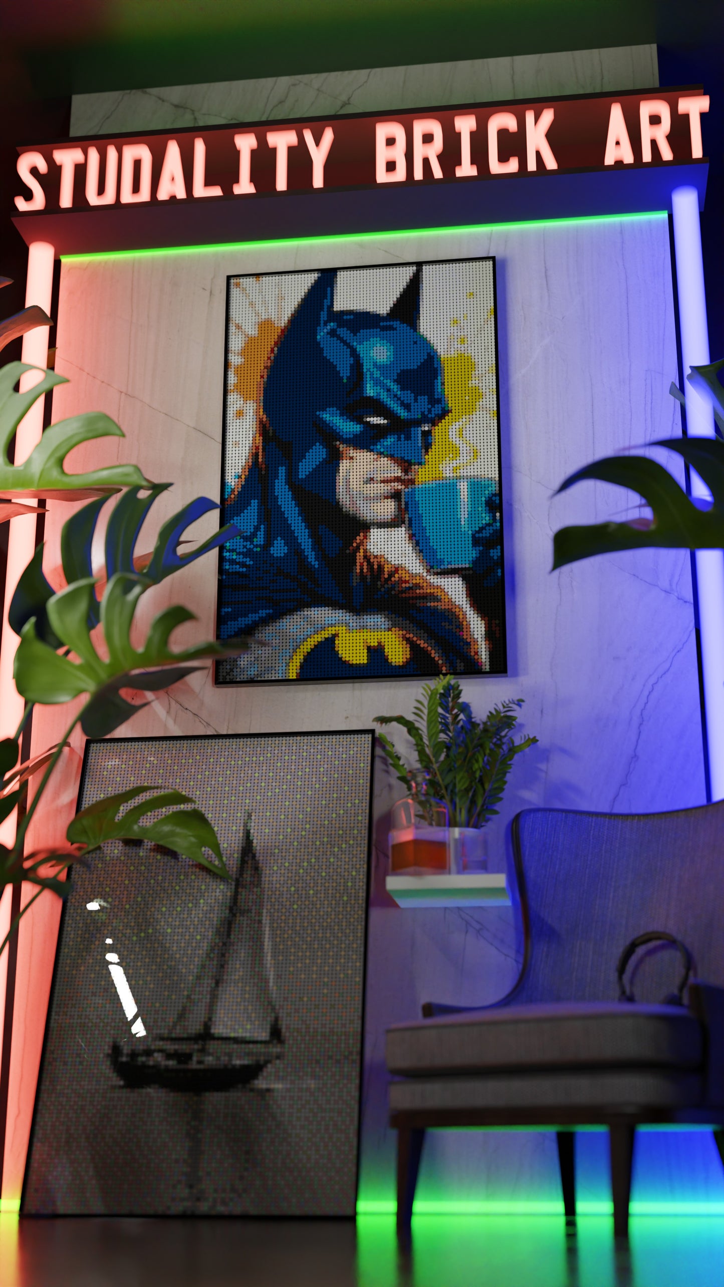 Batman LEGO® Style mosaic wall art made from colorful plastic bricks