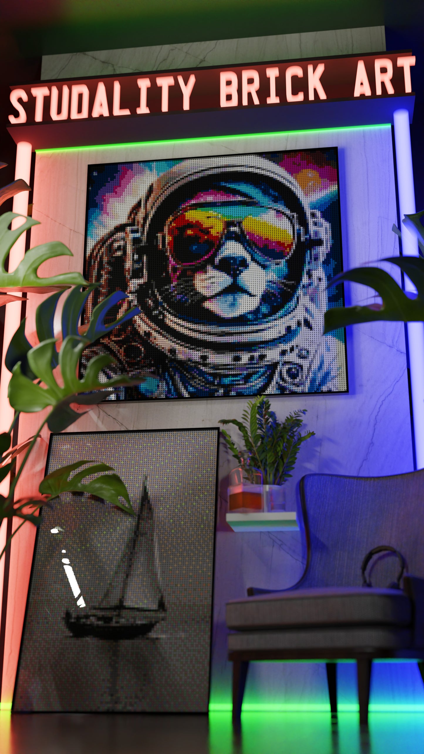 Purrsuit of Space LEGO® Style mosaic wall art made from colorful plastic bricks