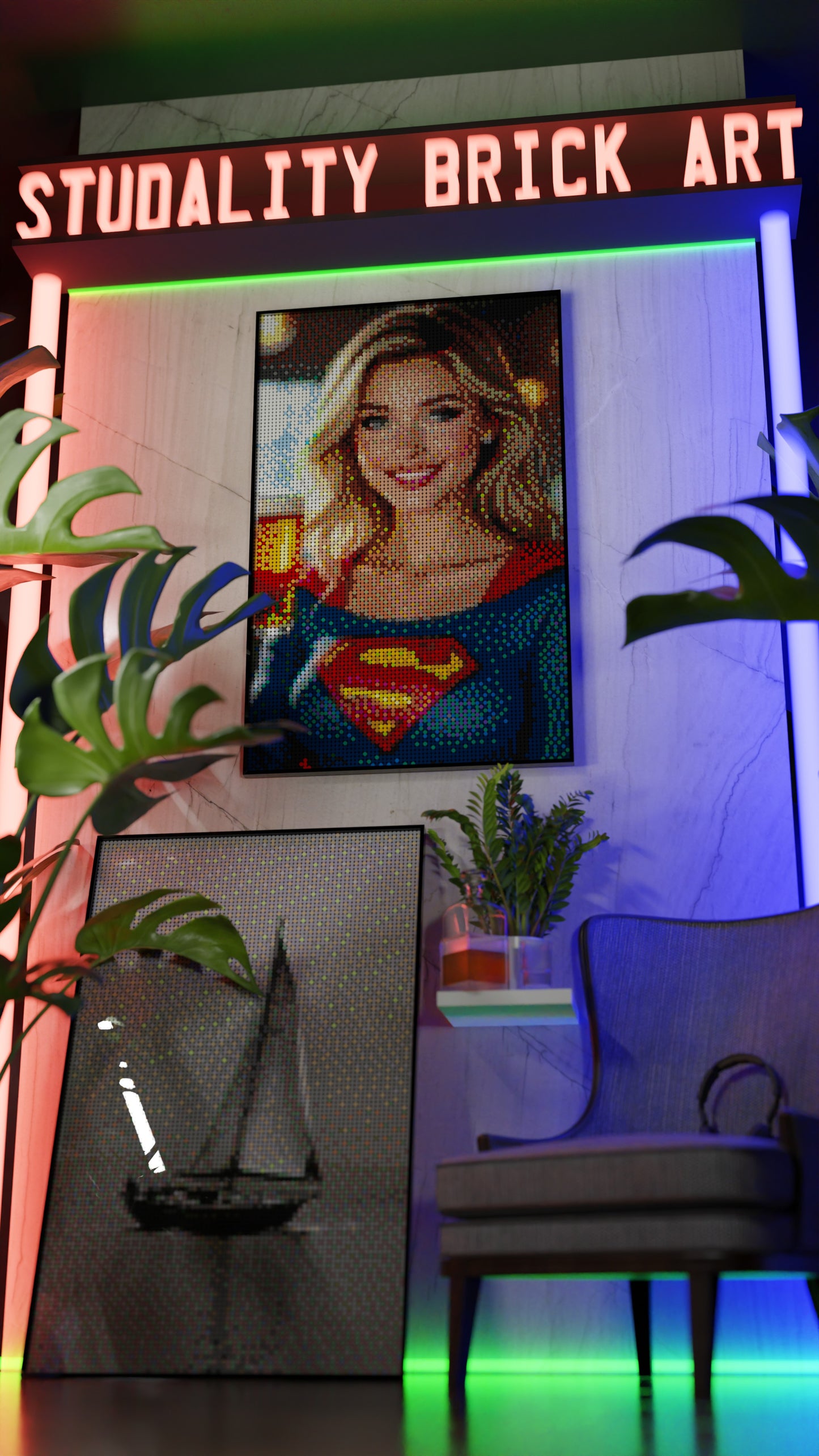 Supergirl DC LEGO® Style mosaic wall art made from colorful plastic bricks