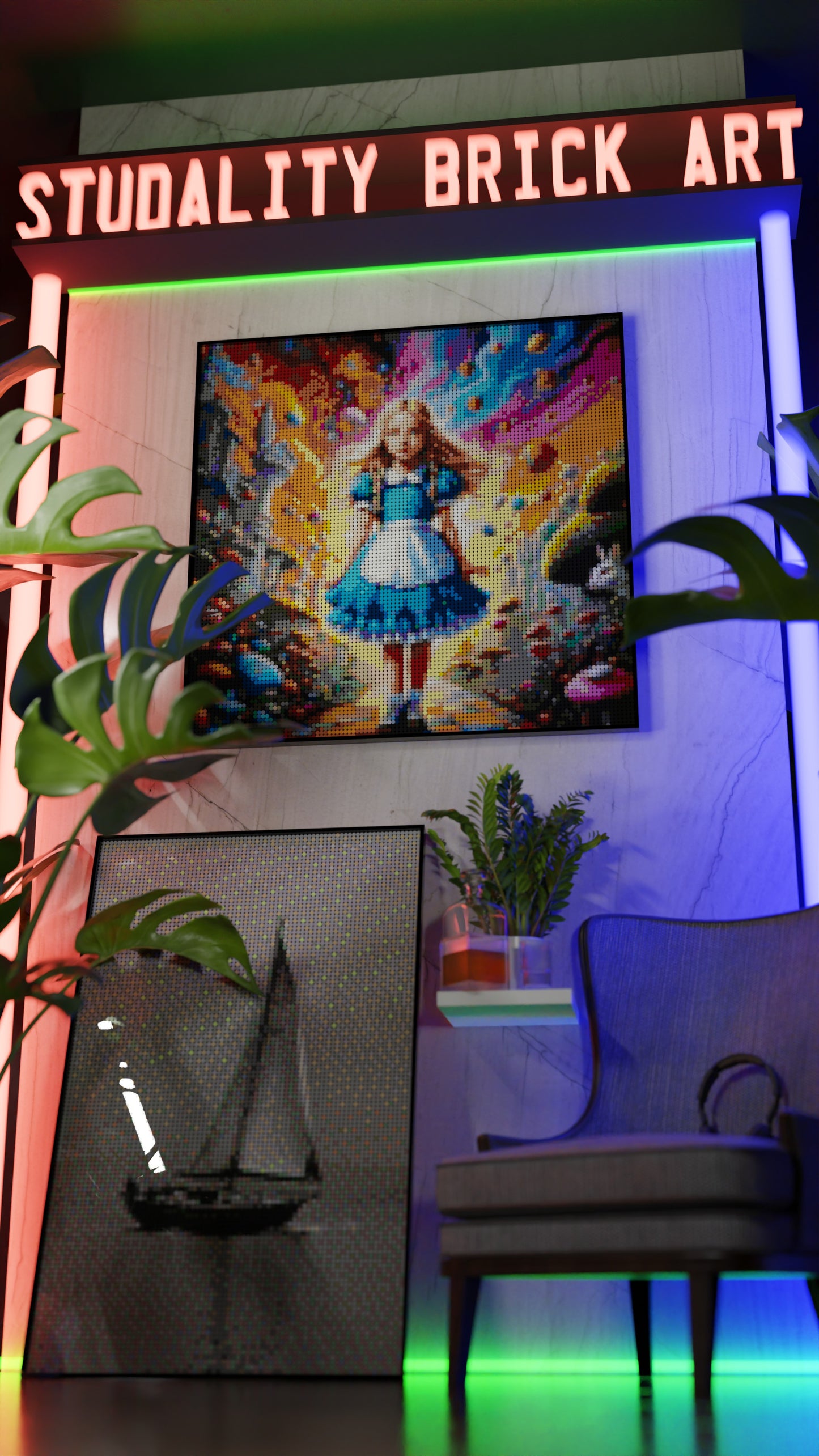 Alice in Wonderland LEGO® Style mosaic wall art made from colorful plastic bricks