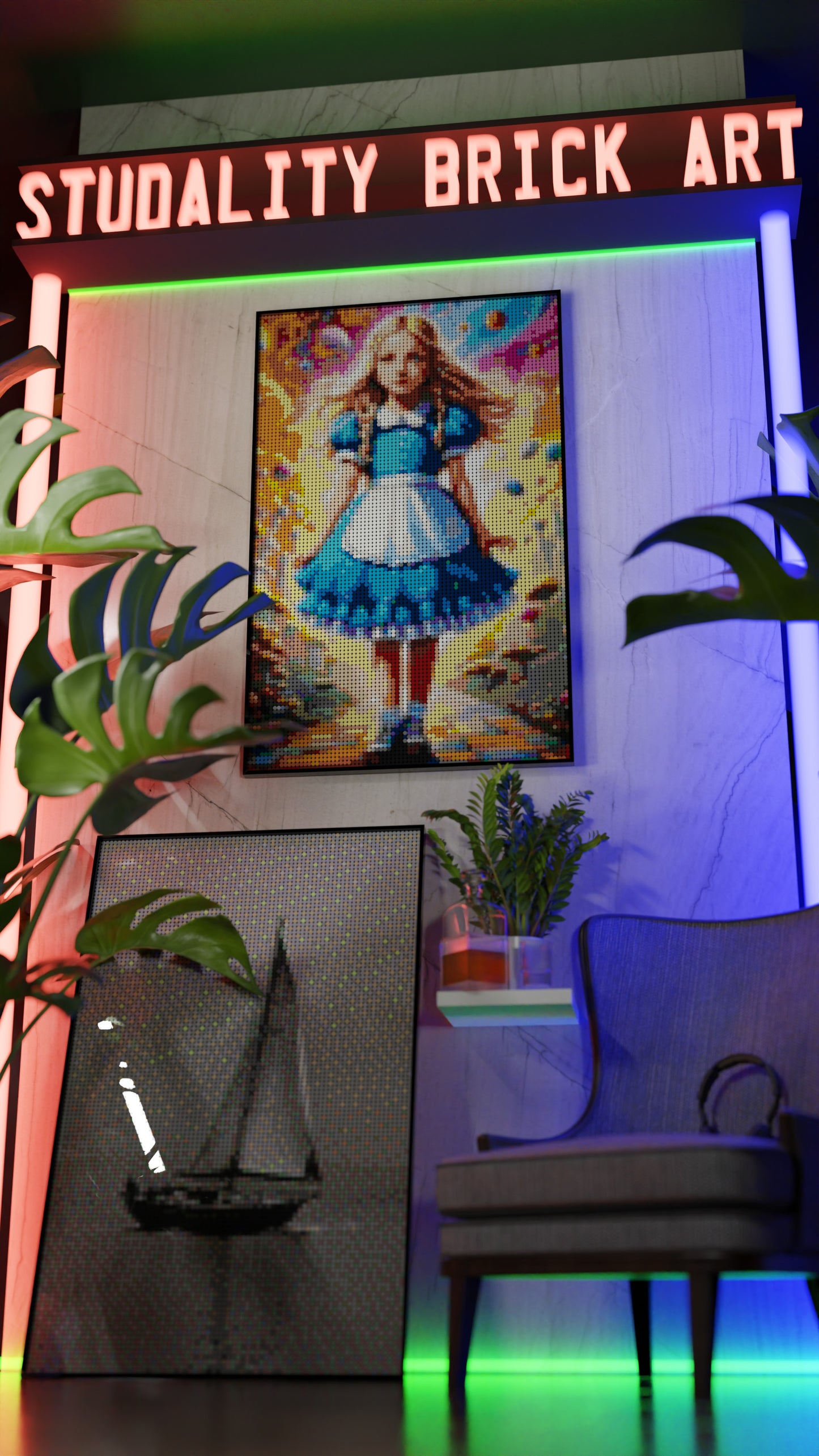 Alice in Wonderland LEGO® Style mosaic wall art made from colorful plastic bricks