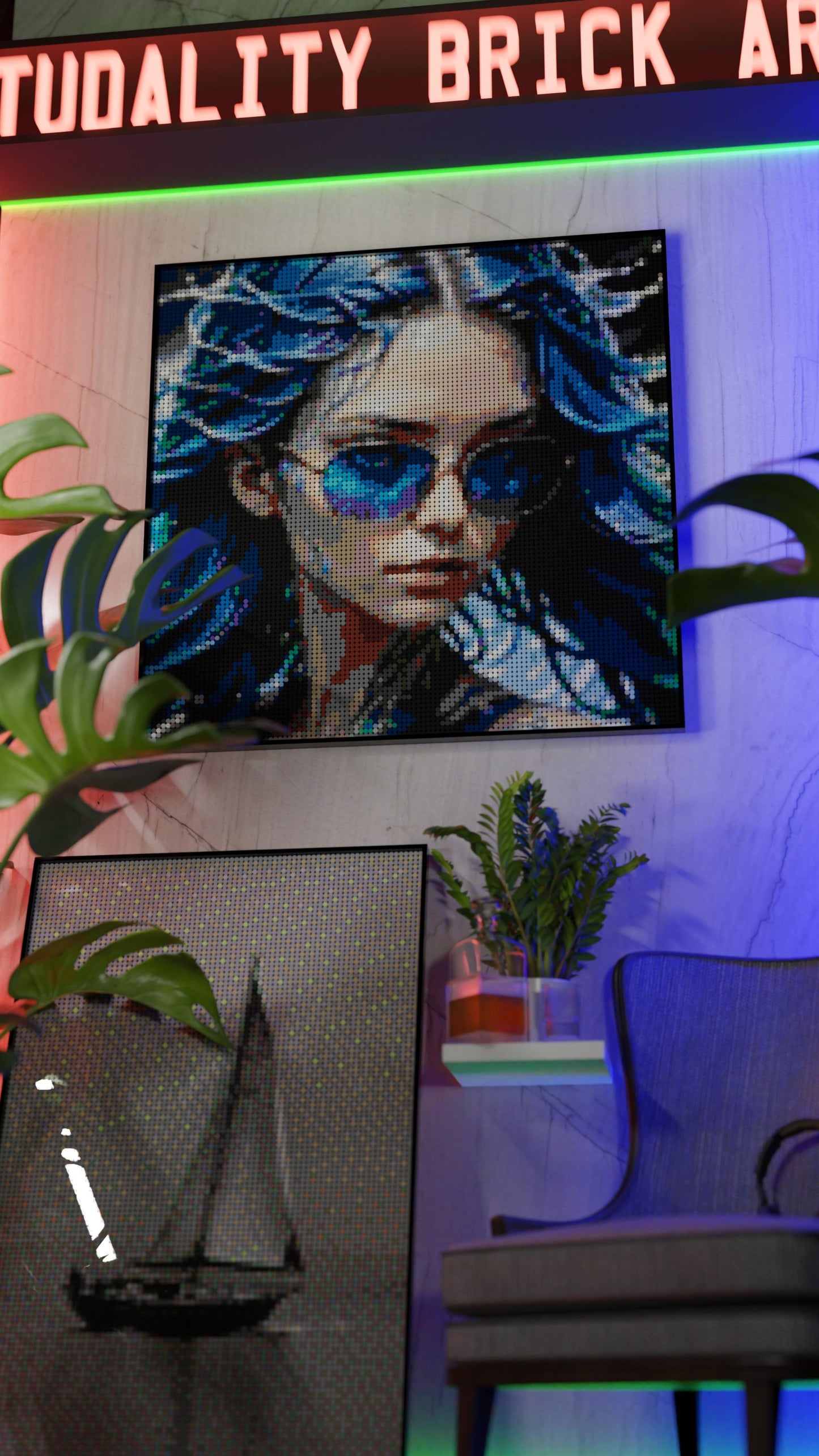 Aqua Enchantress LEGO® Style mosaic wall art made from colorful plastic bricks