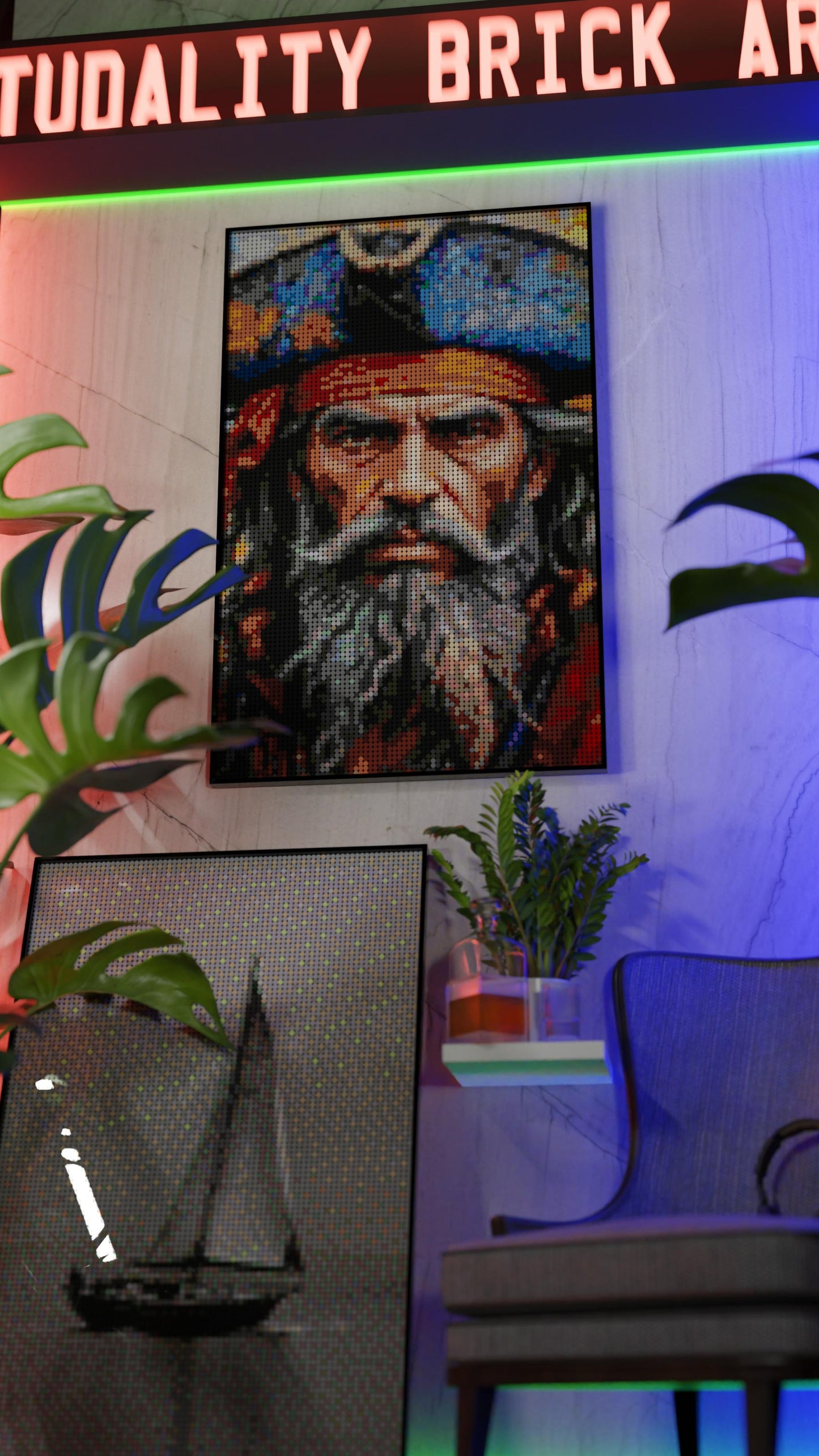 Weathered Mariner LEGO® Style mosaic wall art made from colorful plastic bricks
