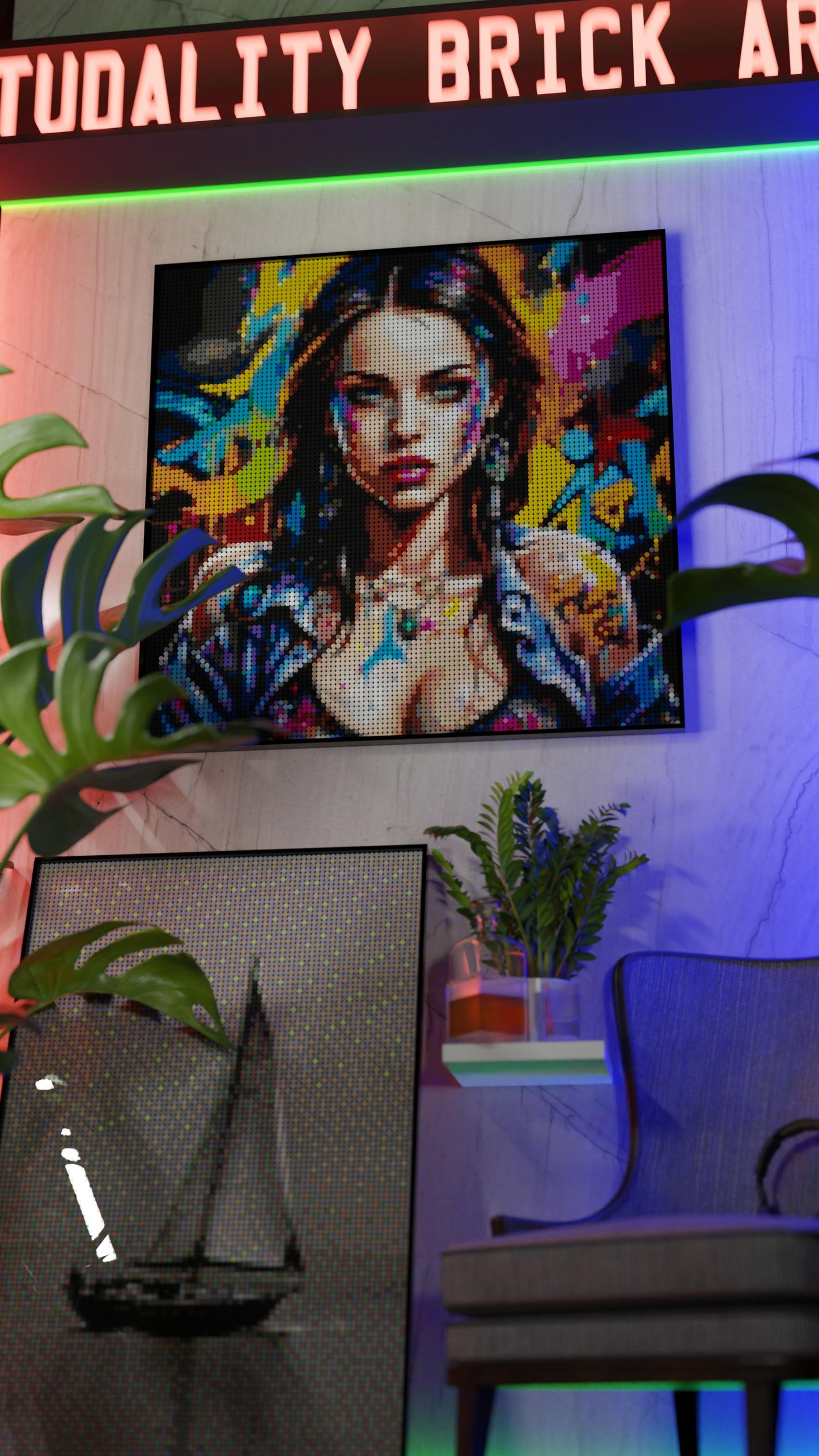 Euphoria in Motion LEGO® Style mosaic wall art made from colorful plastic bricks