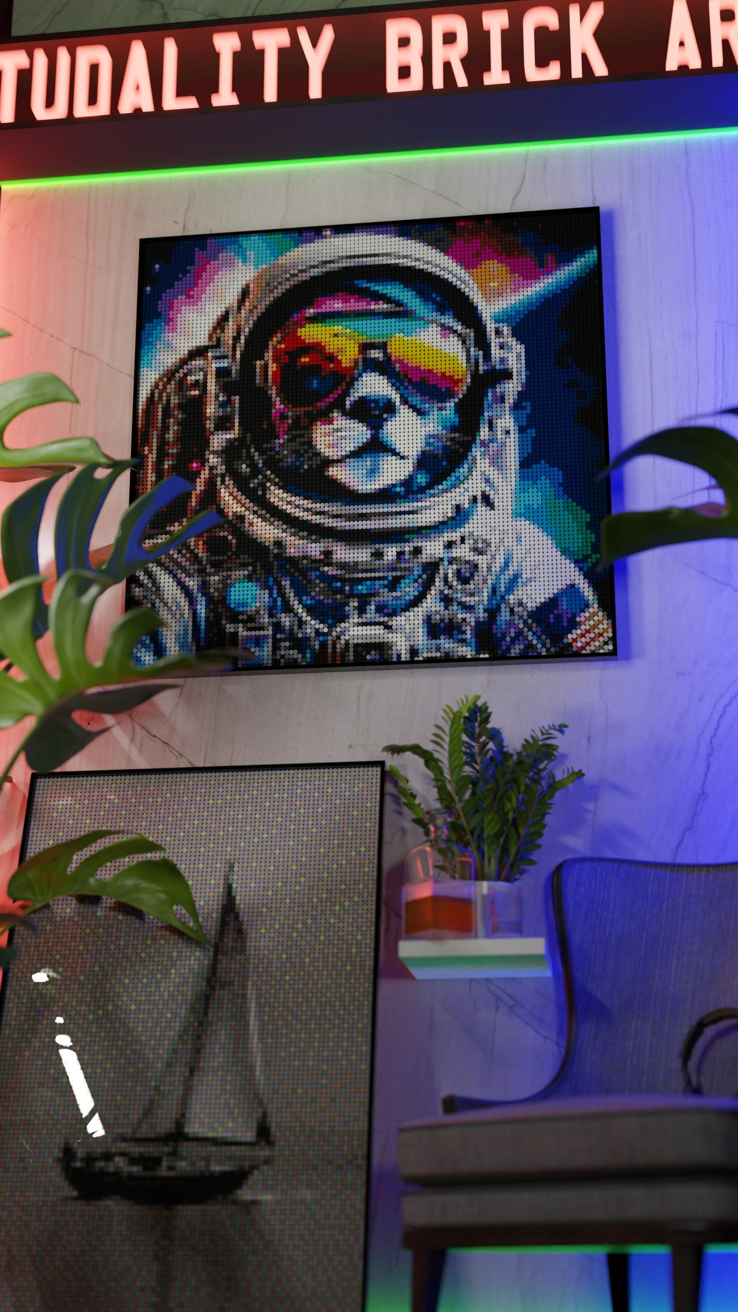 Purrsuit of Space LEGO® Style mosaic wall art made from colorful plastic bricks